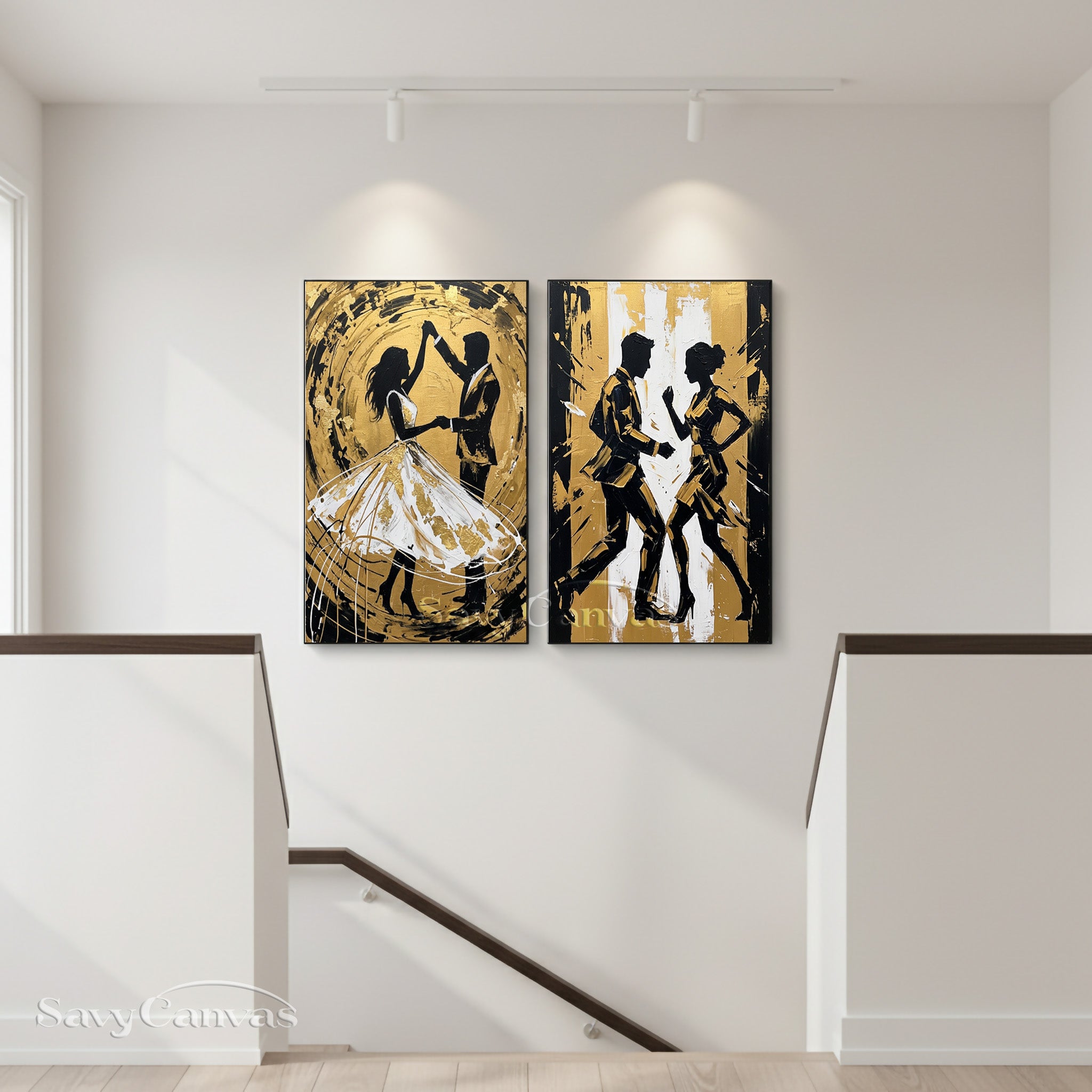 Modern Gold Leaf Dancing Couple Silhouette Oil Painting on Canvas #SS 054