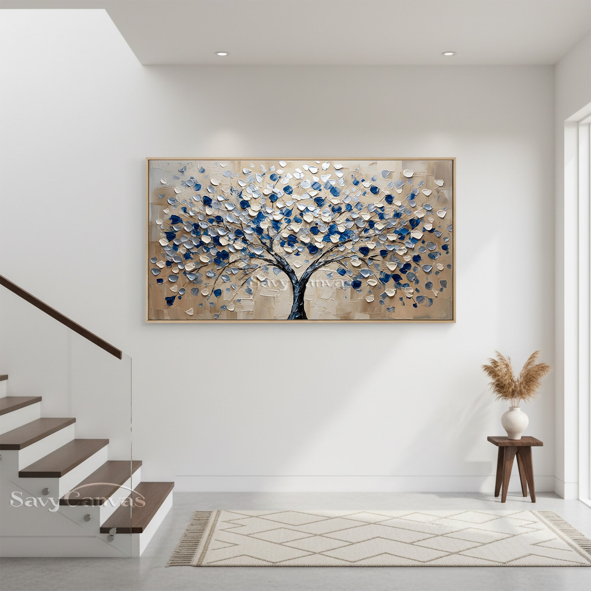 Hand-Painted Abstract Blue Floral Tree Canvas Wall Art #SS 032
