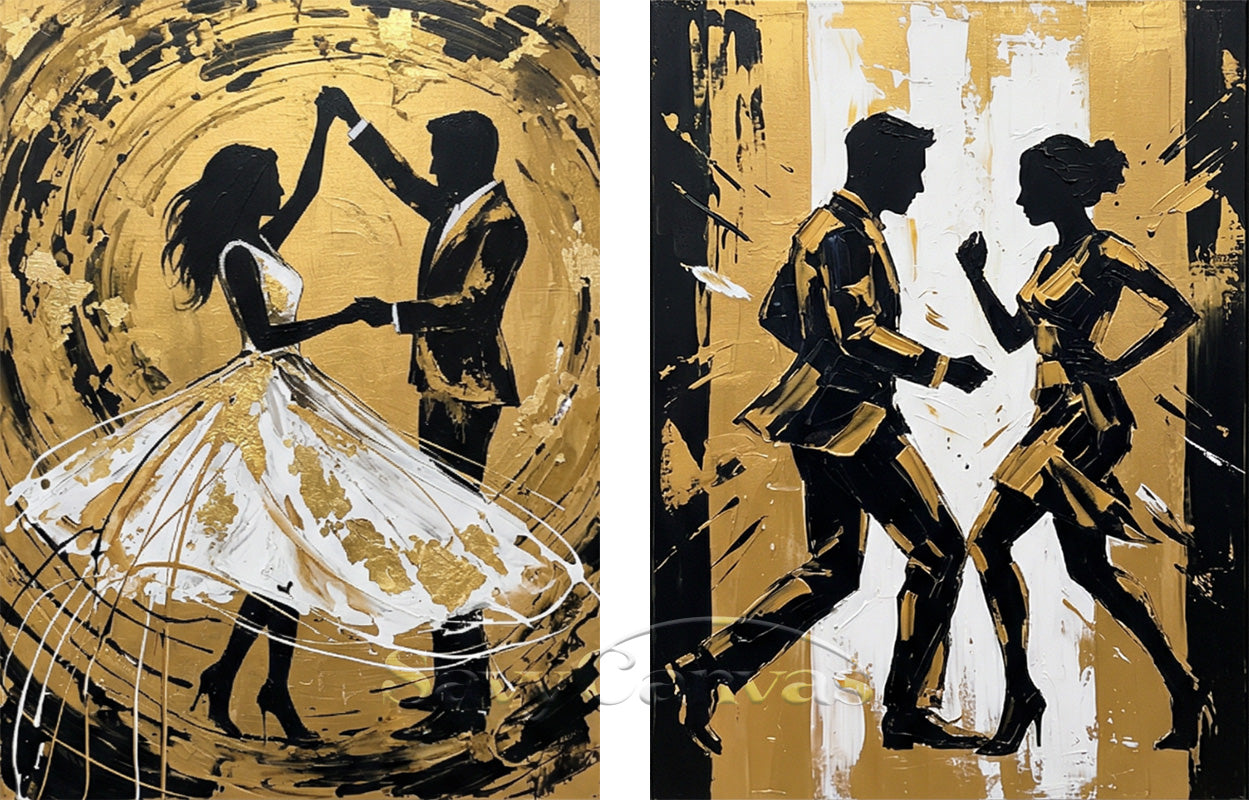 Modern Gold Leaf Dancing Couple Silhouette Oil Painting on Canvas #SS 054