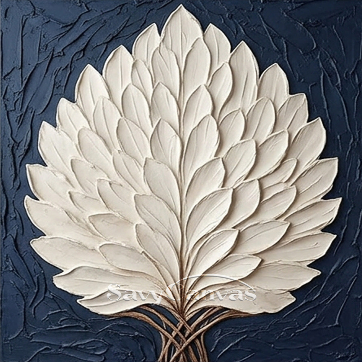 3D Textured White Leaf Oil Painting on Navy Blue Canvas #SS 130