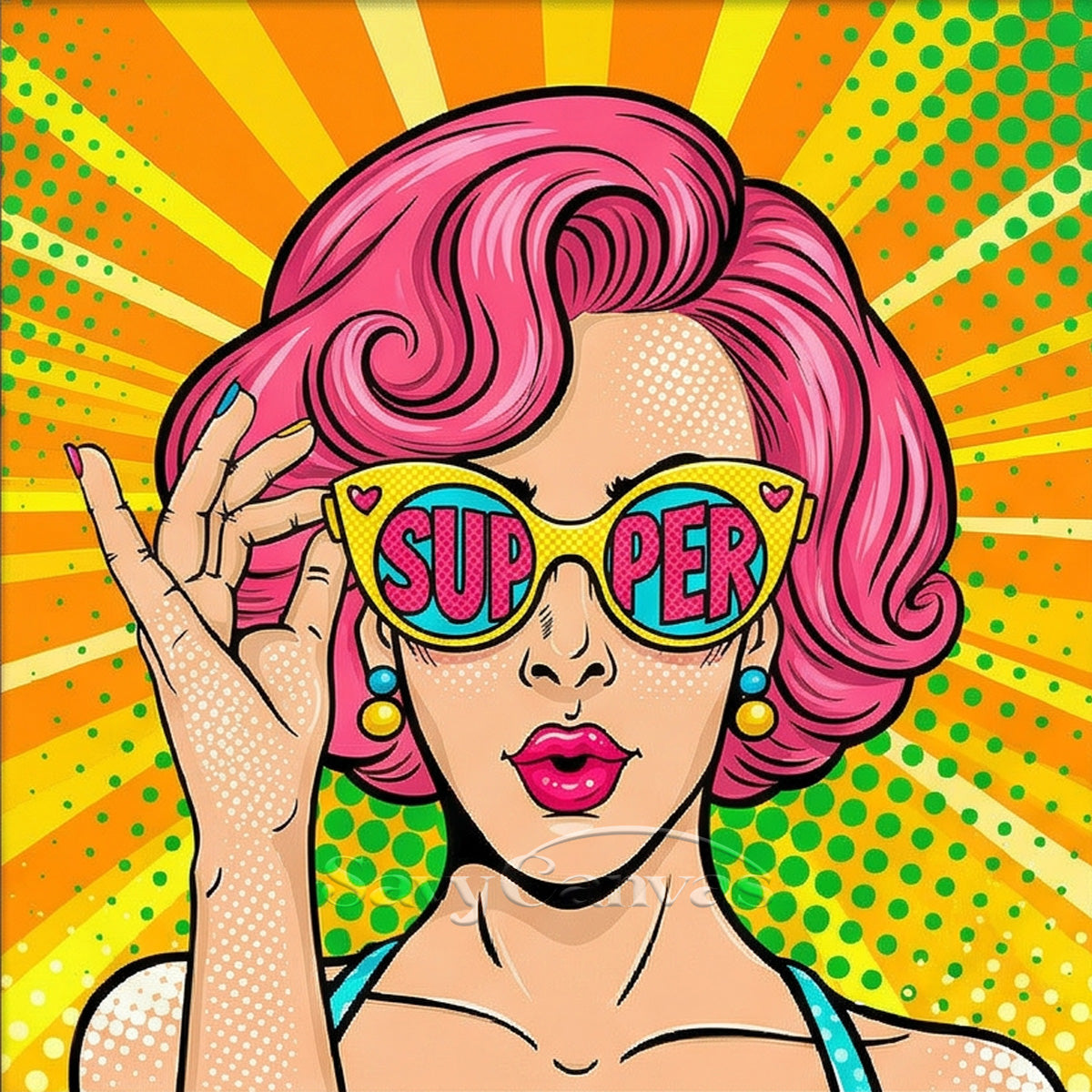 Retro Pop Art Woman Canvas - "SUPER" Sunglasses Oil Painting #SS 046