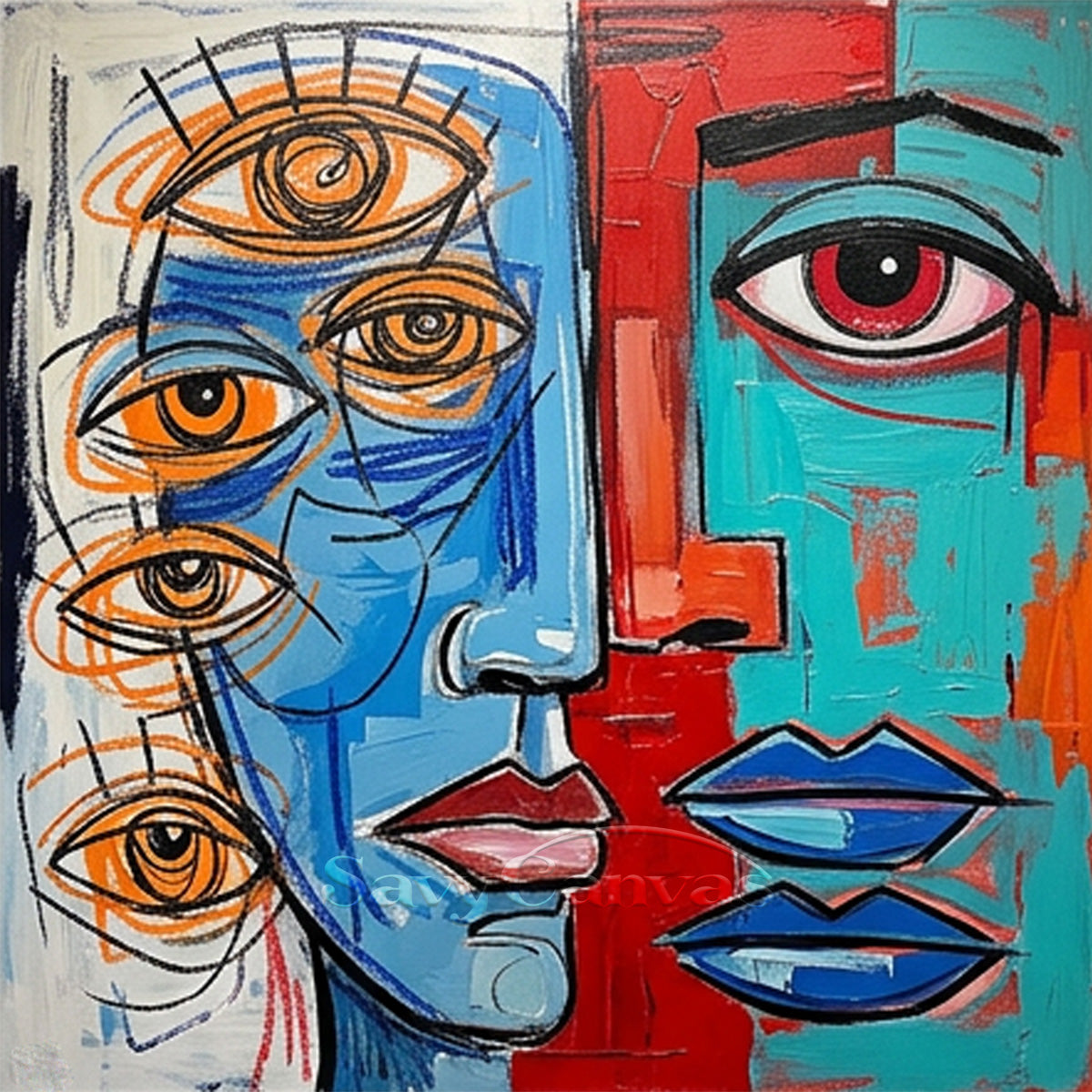 Hand-painted abstract oil painting of a surreal face with multiple eyes in blue, red, and orange