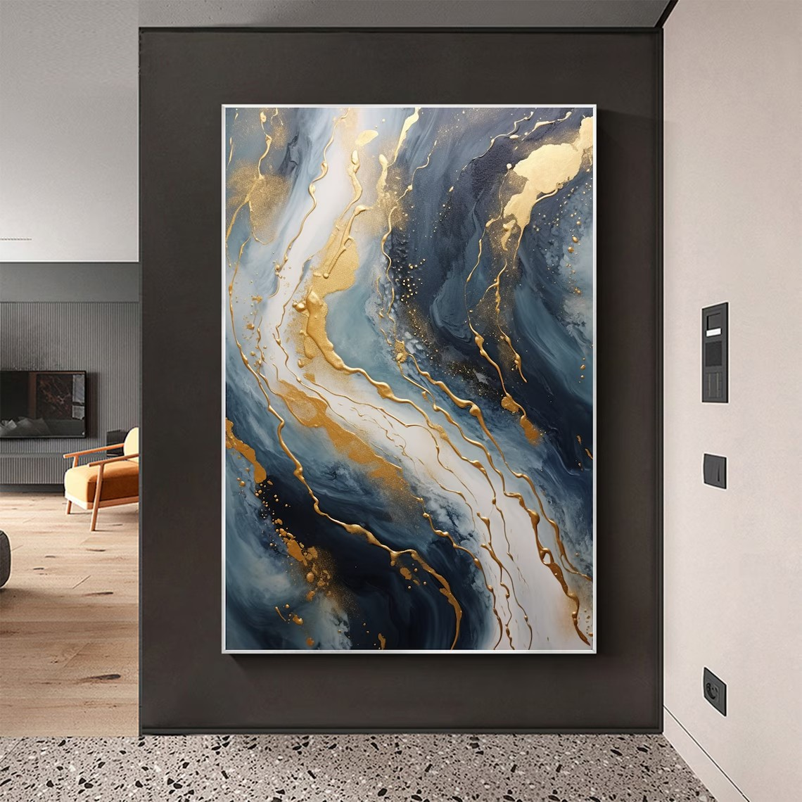 Navy Blue and Gold  Abstract Textured Wall Painting | Large Wall Decor #TC 074