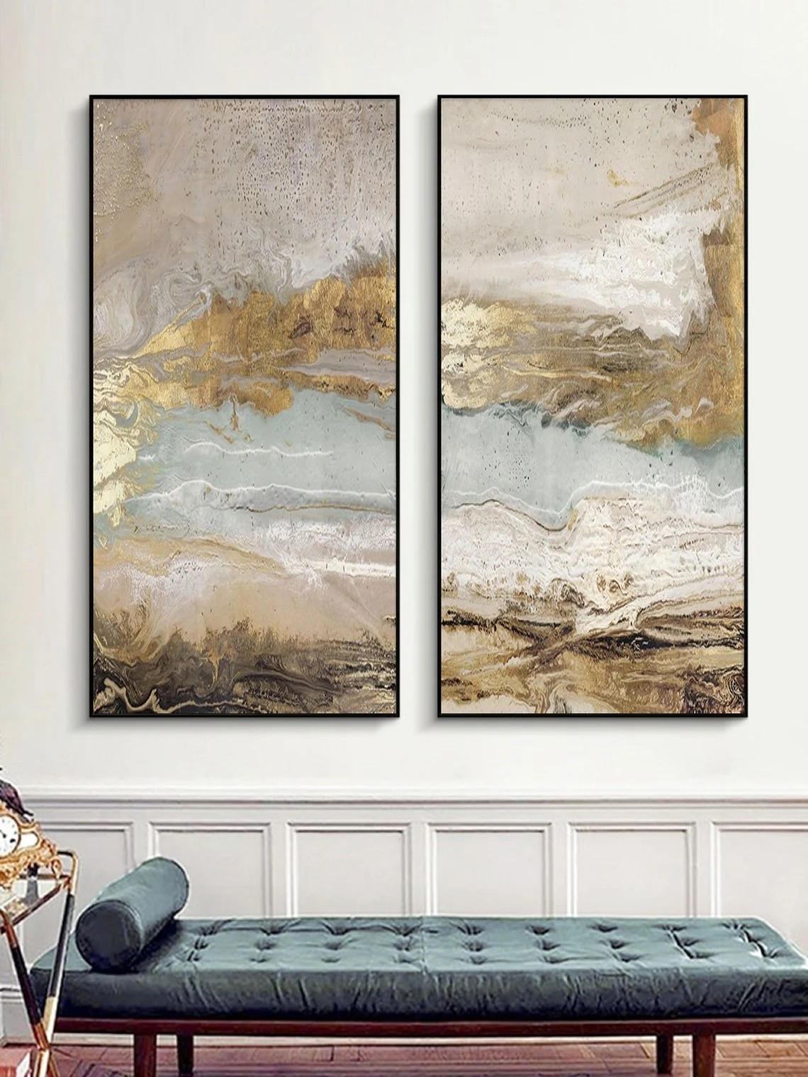 Diptych Abstract Wall Art | Neutral & Gold Textured Paintings