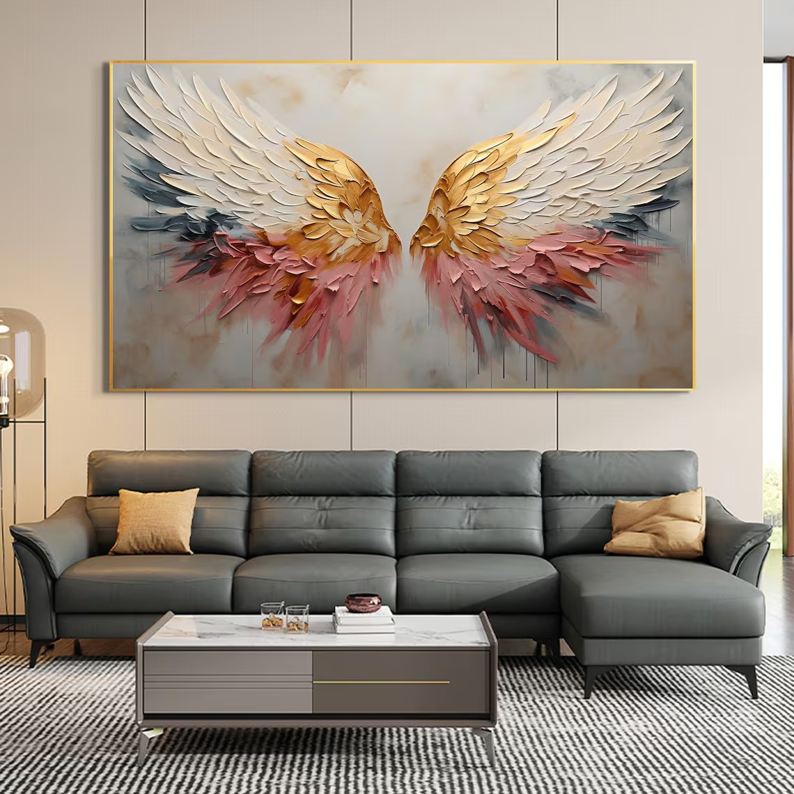 Textured Angel Wings Abstract Oil Painting - Gold & Peach Art #JJ 031