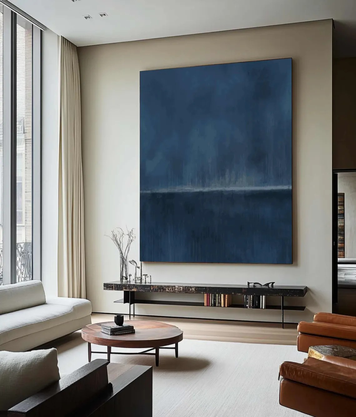 Large Abstract Oil Painting - Deep Blue Minimalist Modern Wall Art #TC 011