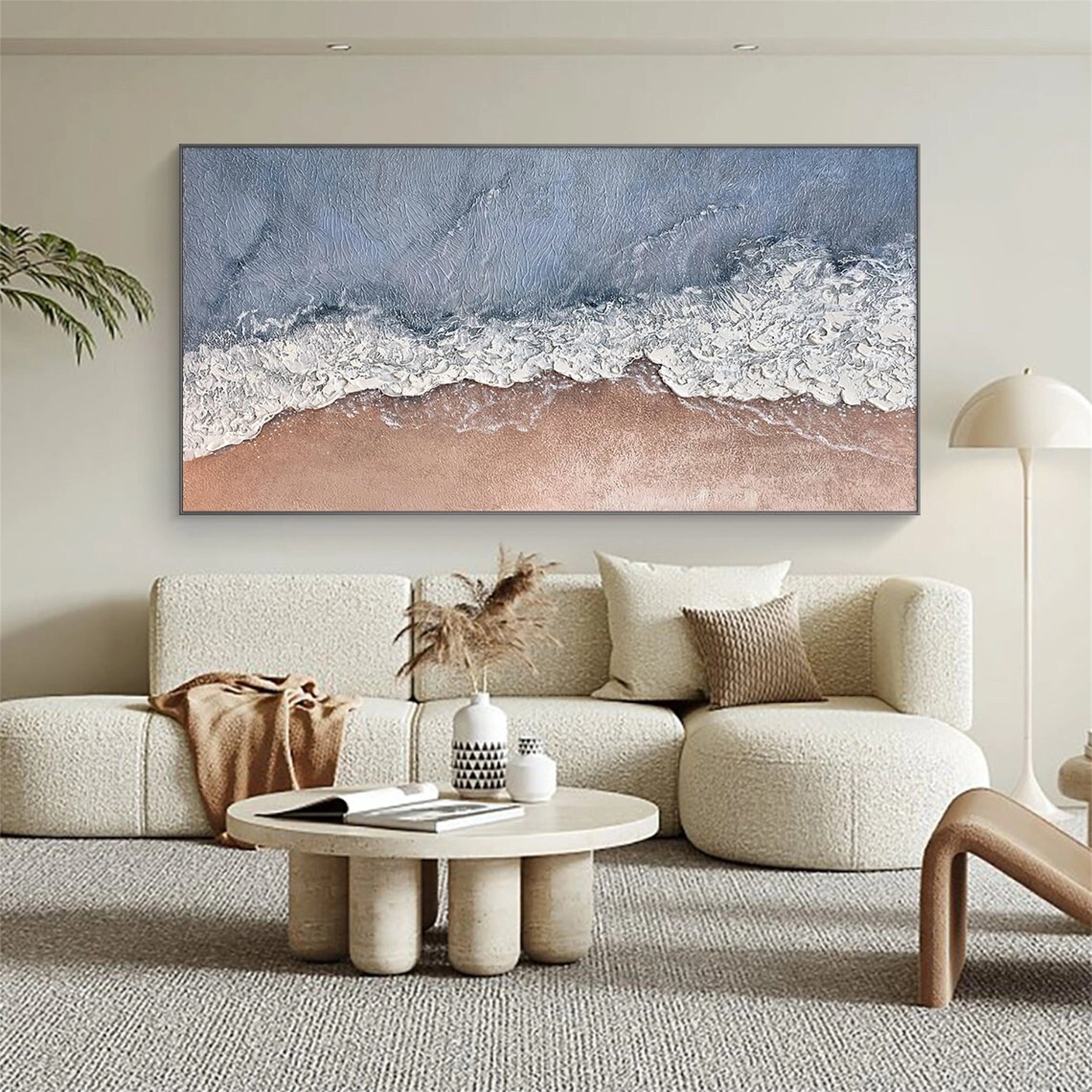 Wide Top-Down Coastal Textured Abstract - Blue White Beige Modern Oil Painting #JJ 175