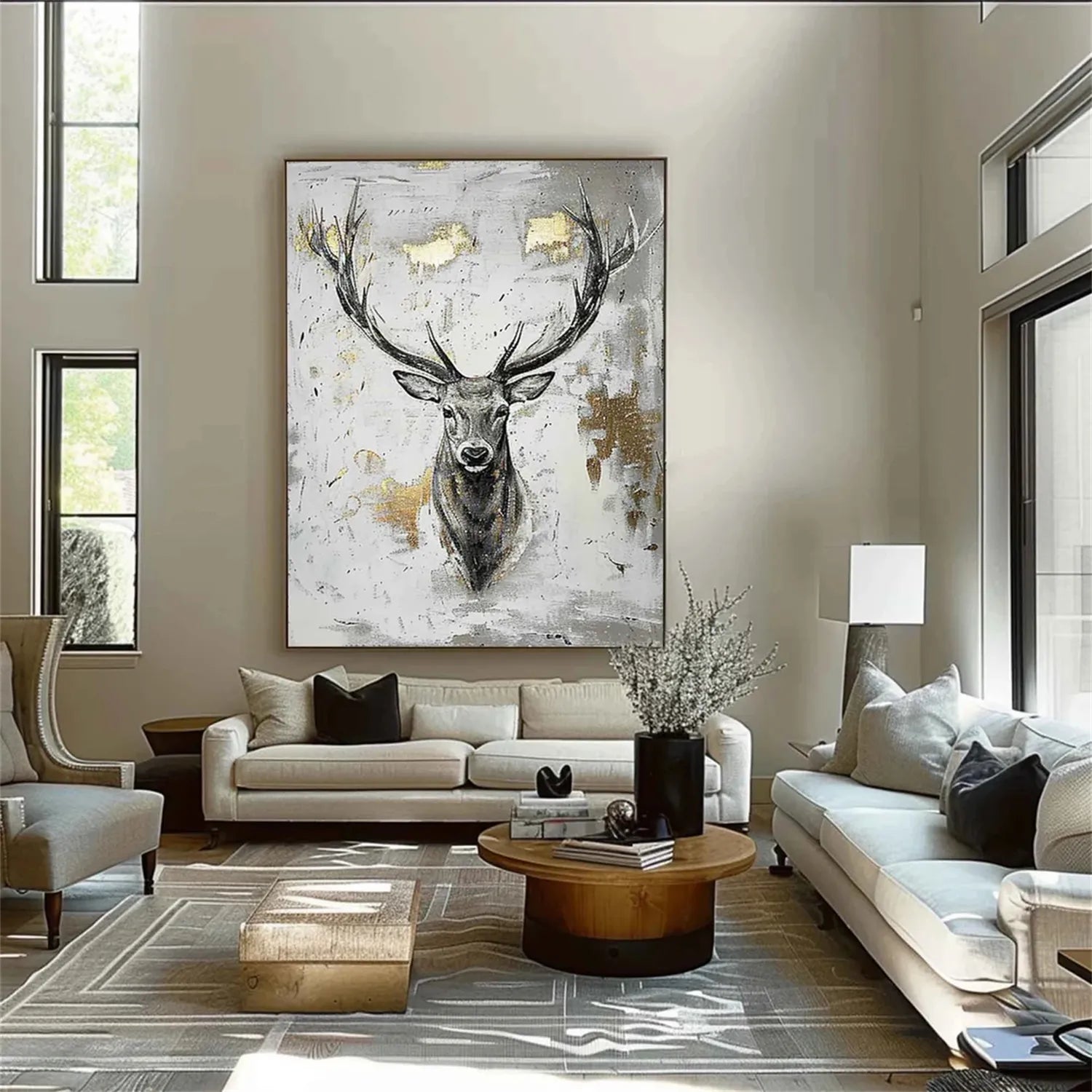 Stag Wall Art | Large Deer Painting Gold Accent Canvas #ZZ 211