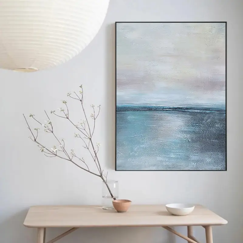 Soft Blue and Beige Ocean Sky Abstract Oil Painting - Modern Serene Art #JJ 123