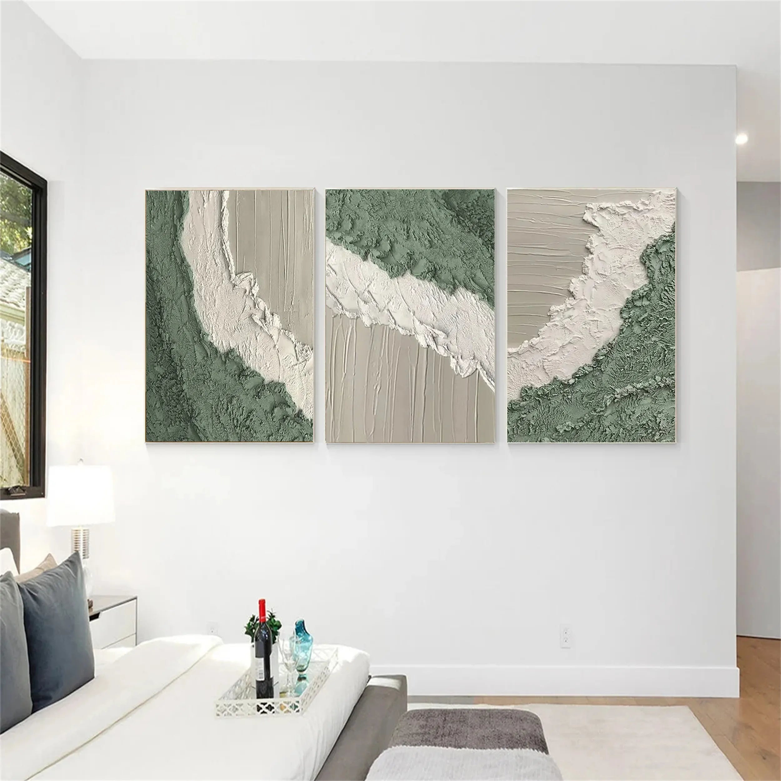 3 Piece Green and White Modern Wall Art for Living Room #JJ 212
