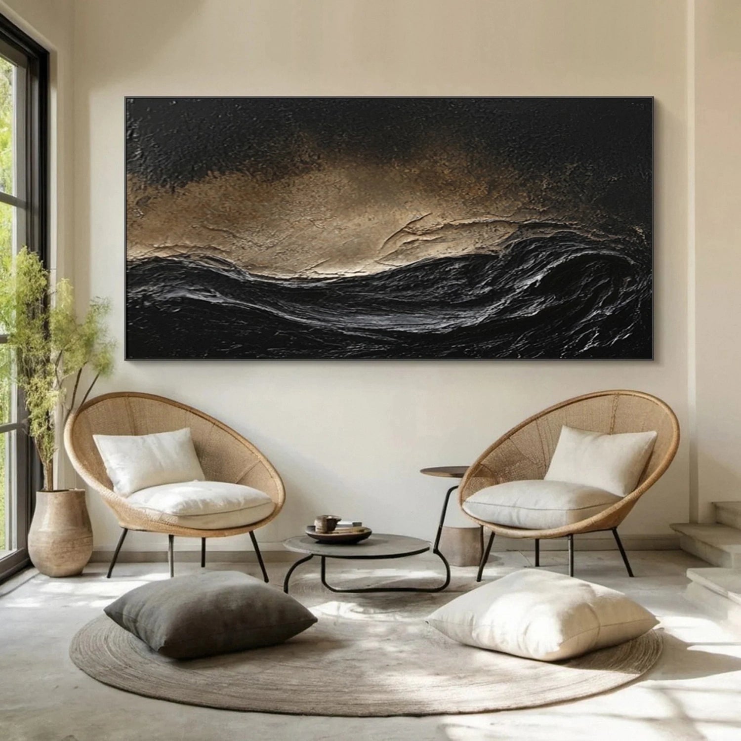 Oversize Black Gold White Textured Abstract Oil Painting - Modern Art #JJ 176