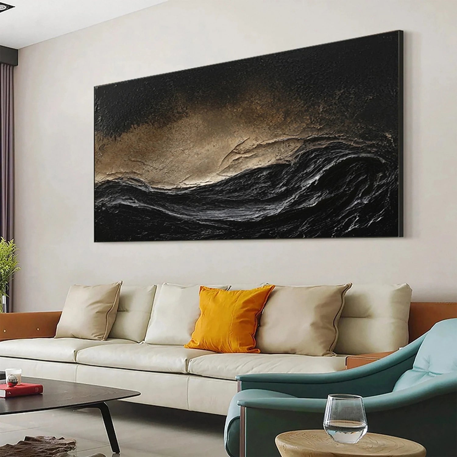 Oversize Black Gold White Textured Abstract Oil Painting - Modern Art #JJ 176