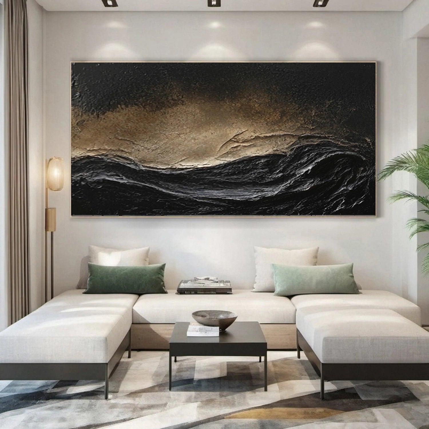 Oversize Black Gold White Textured Abstract Oil Painting - Modern Art #JJ 176