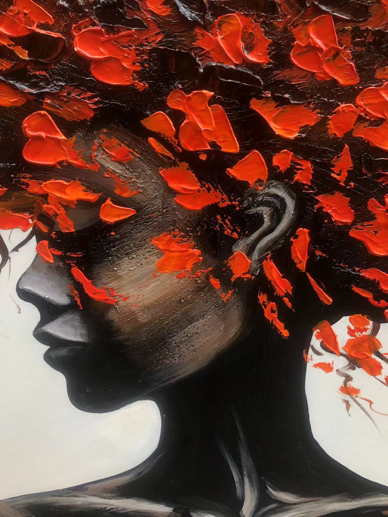 Orange Brown Explosive Hair Abstract Portrait Painting, Modern Art Wall Art #TB 044