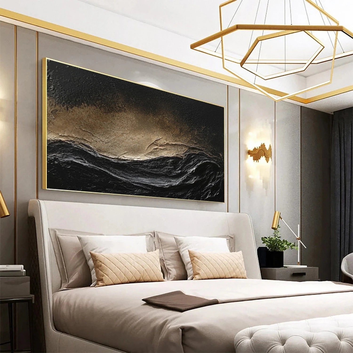 Oversize Black Gold White Textured Abstract Oil Painting - Modern Art #JJ 176