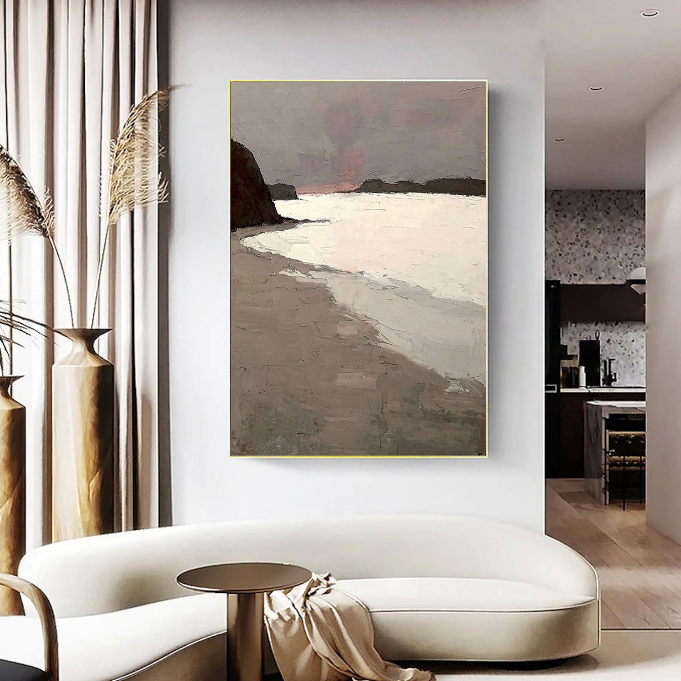 Grey Brown White Abstract Coast Oil Painting - Modern Serene Art #JJ 152
