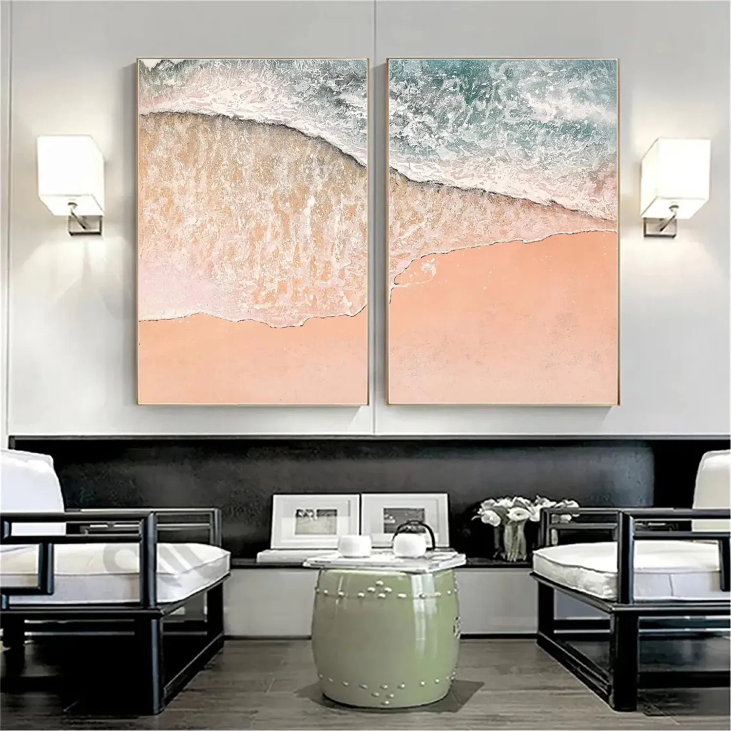 Handmade Pink Beach Art - Pale Blue Ocean View Wall Decor #JJ 197