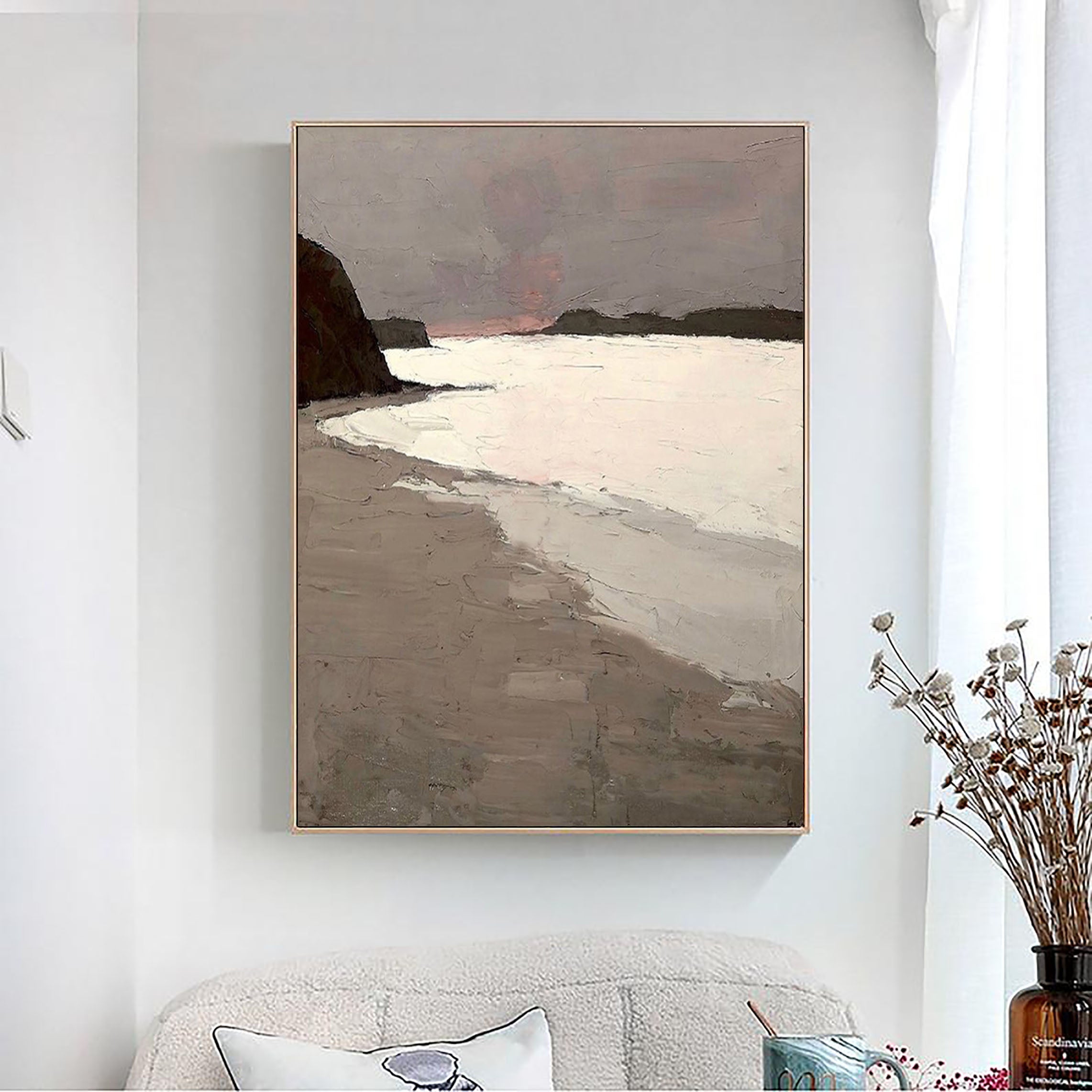 Grey Brown White Abstract Coast Oil Painting - Modern Serene Art #JJ 152