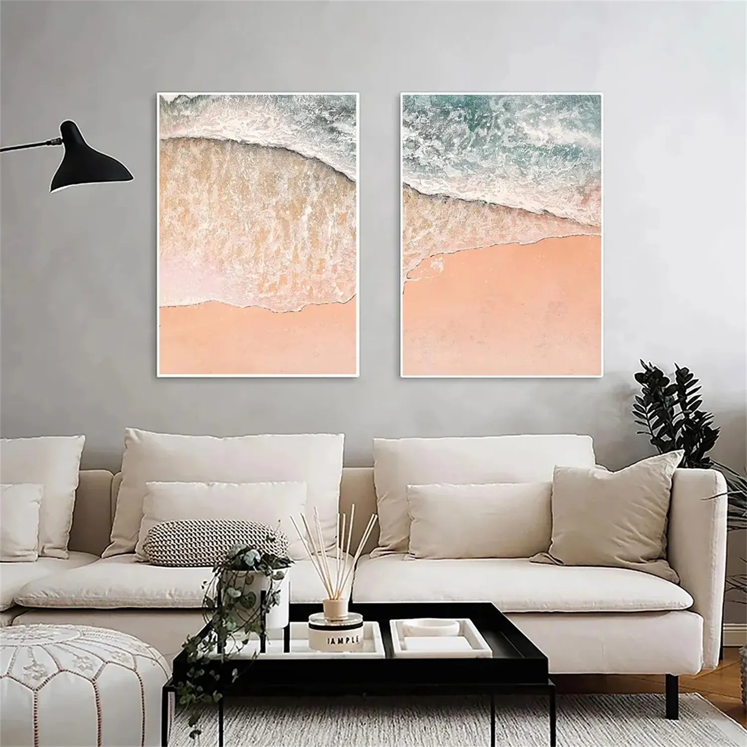 Handmade Pink Beach Art - Pale Blue Ocean View Wall Decor #JJ 197
