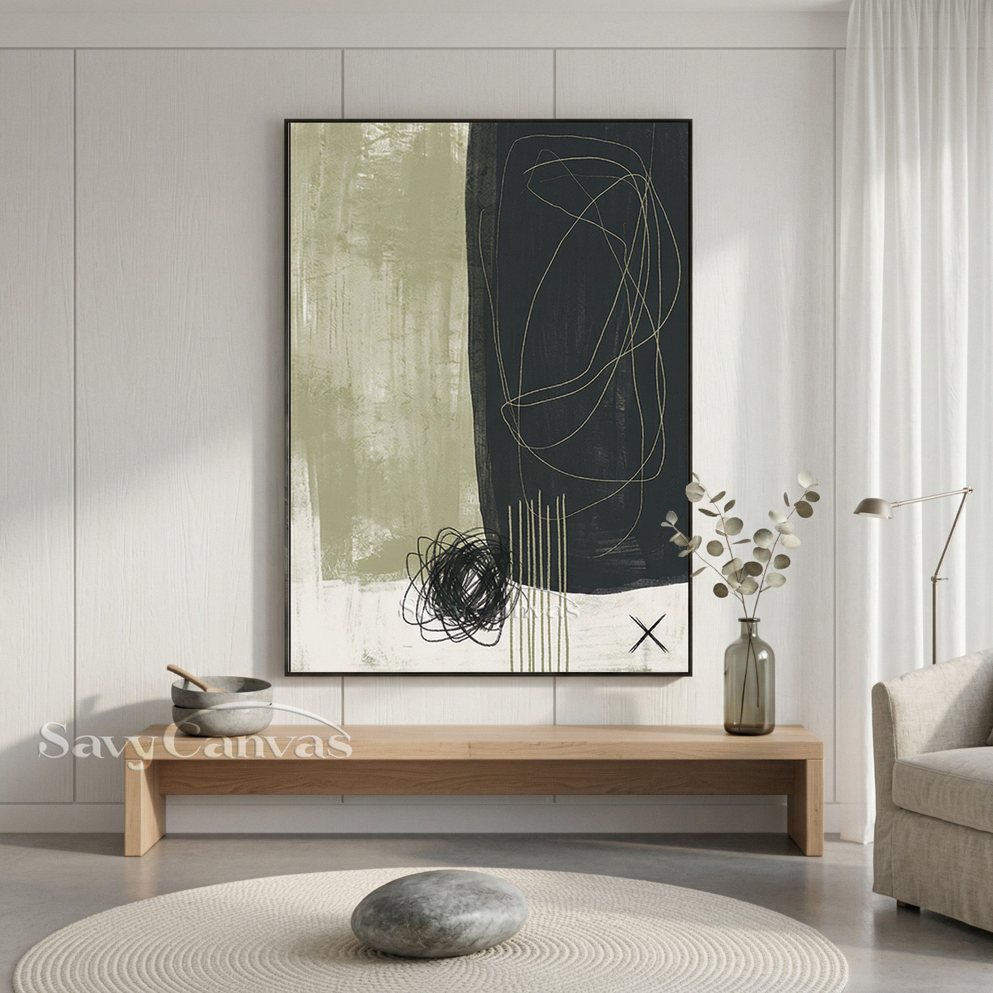 Modern Abstract Charcoal & Sage Green Oil Painting #SS 077