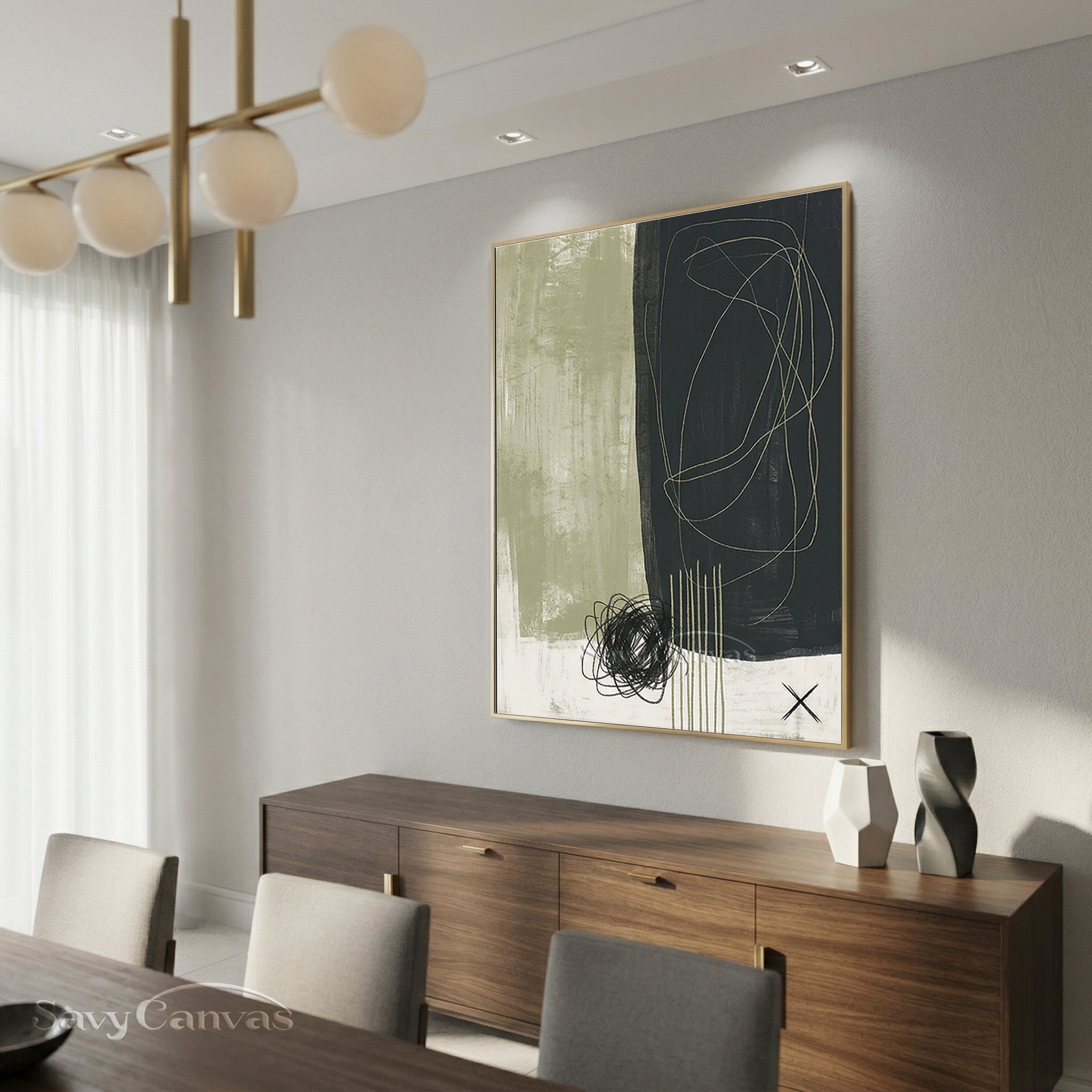 Modern Abstract Charcoal & Sage Green Oil Painting #SS 077