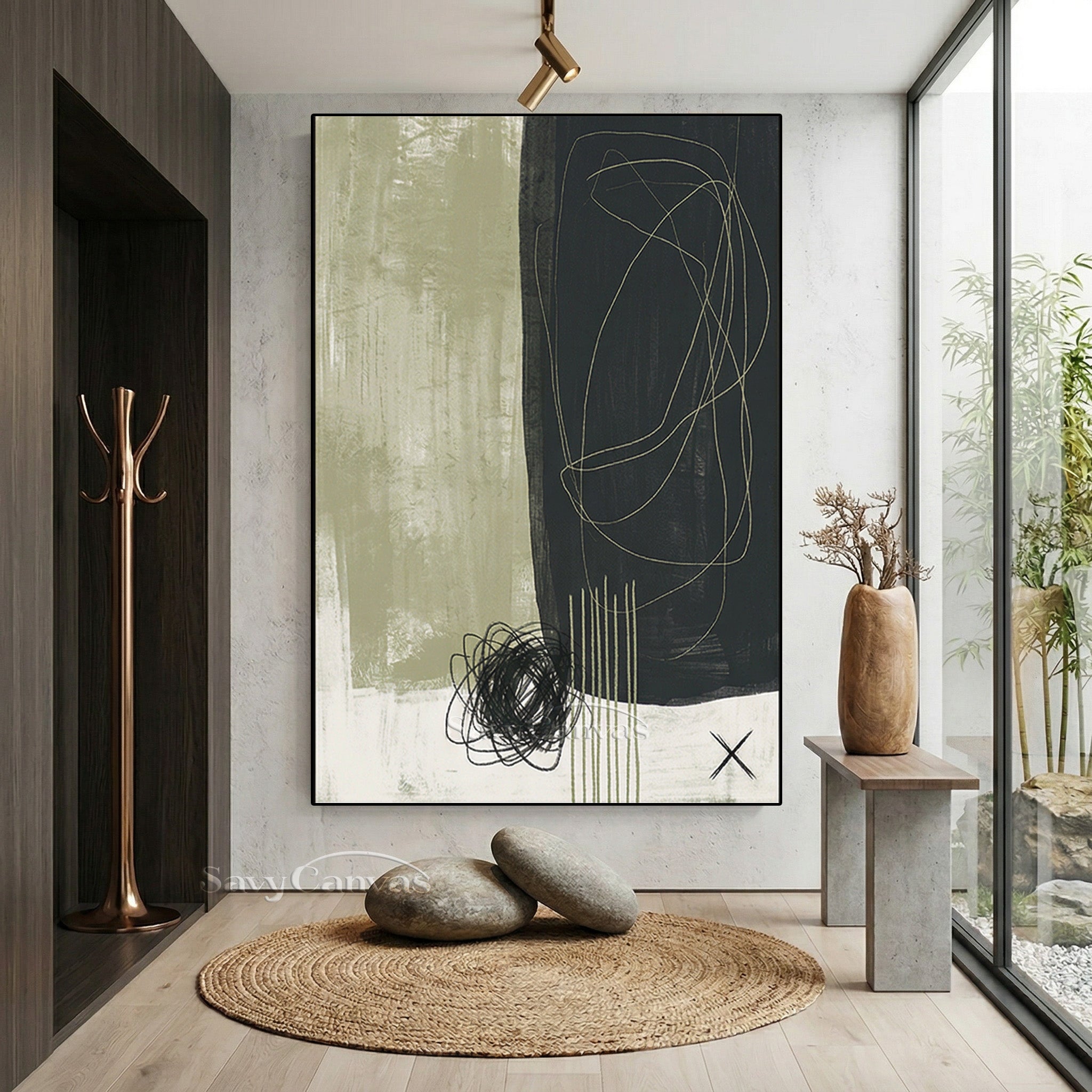Modern Abstract Charcoal & Sage Green Oil Painting #SS 077