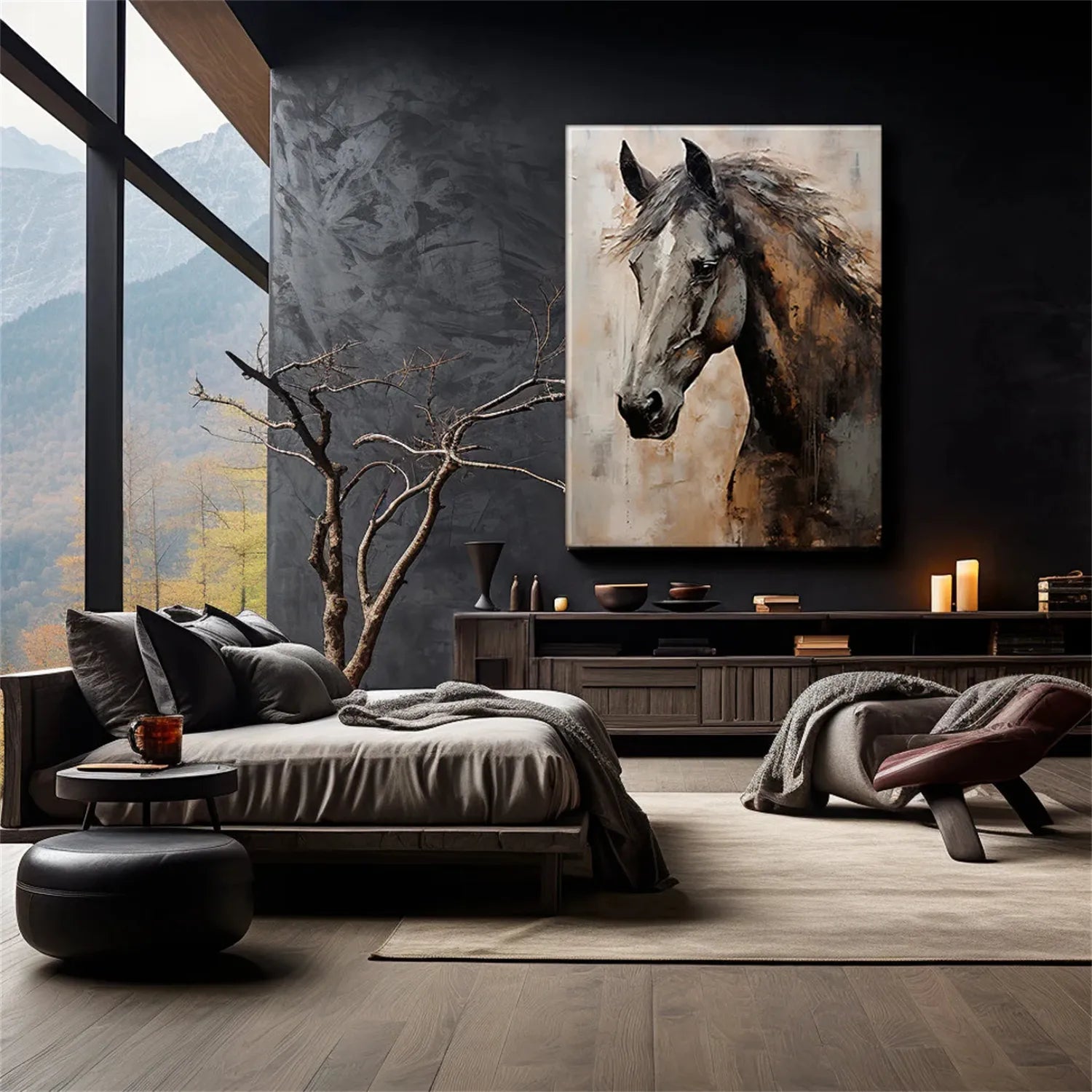 Textured Black Horse Art: Modern Equestrian Oil Painting on Canvas #ZZ 021