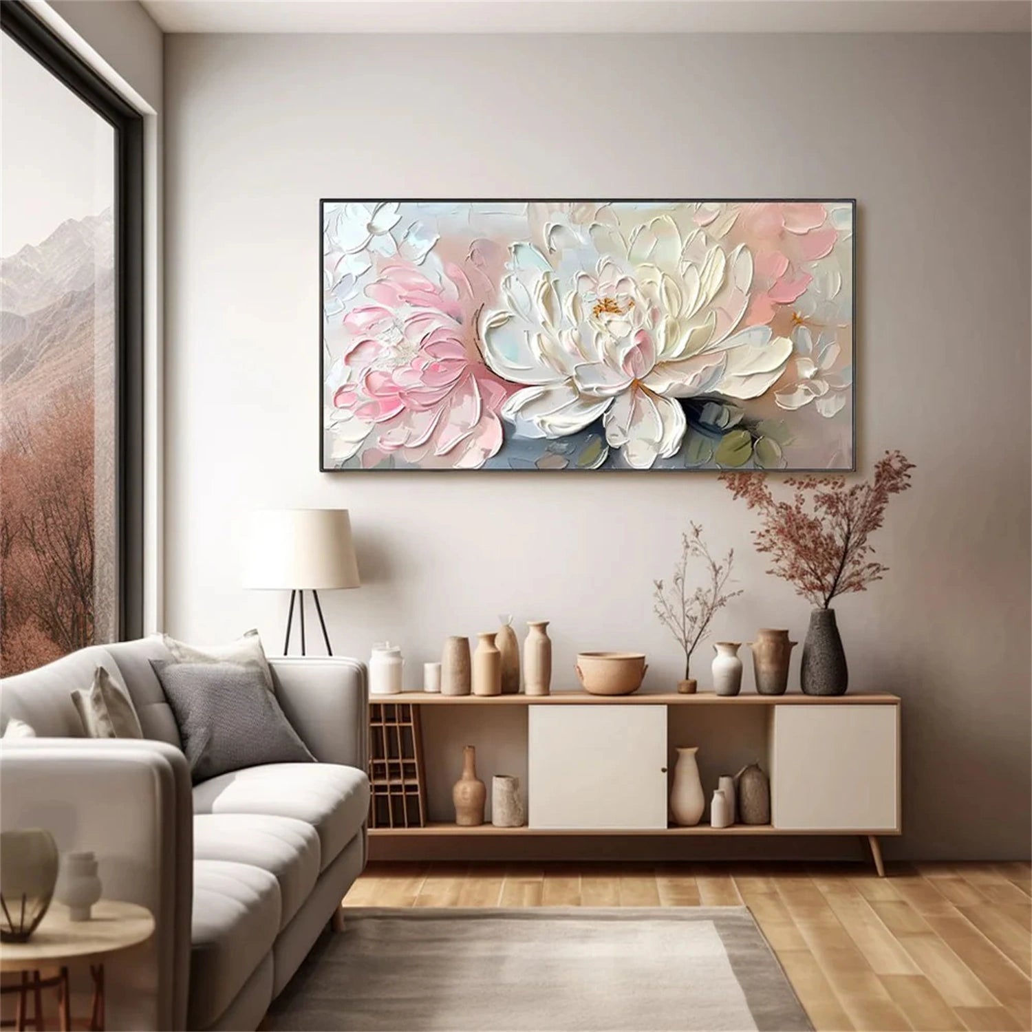 Textured Floral Painting – White & Pink Flower Wall Art #JJ 294