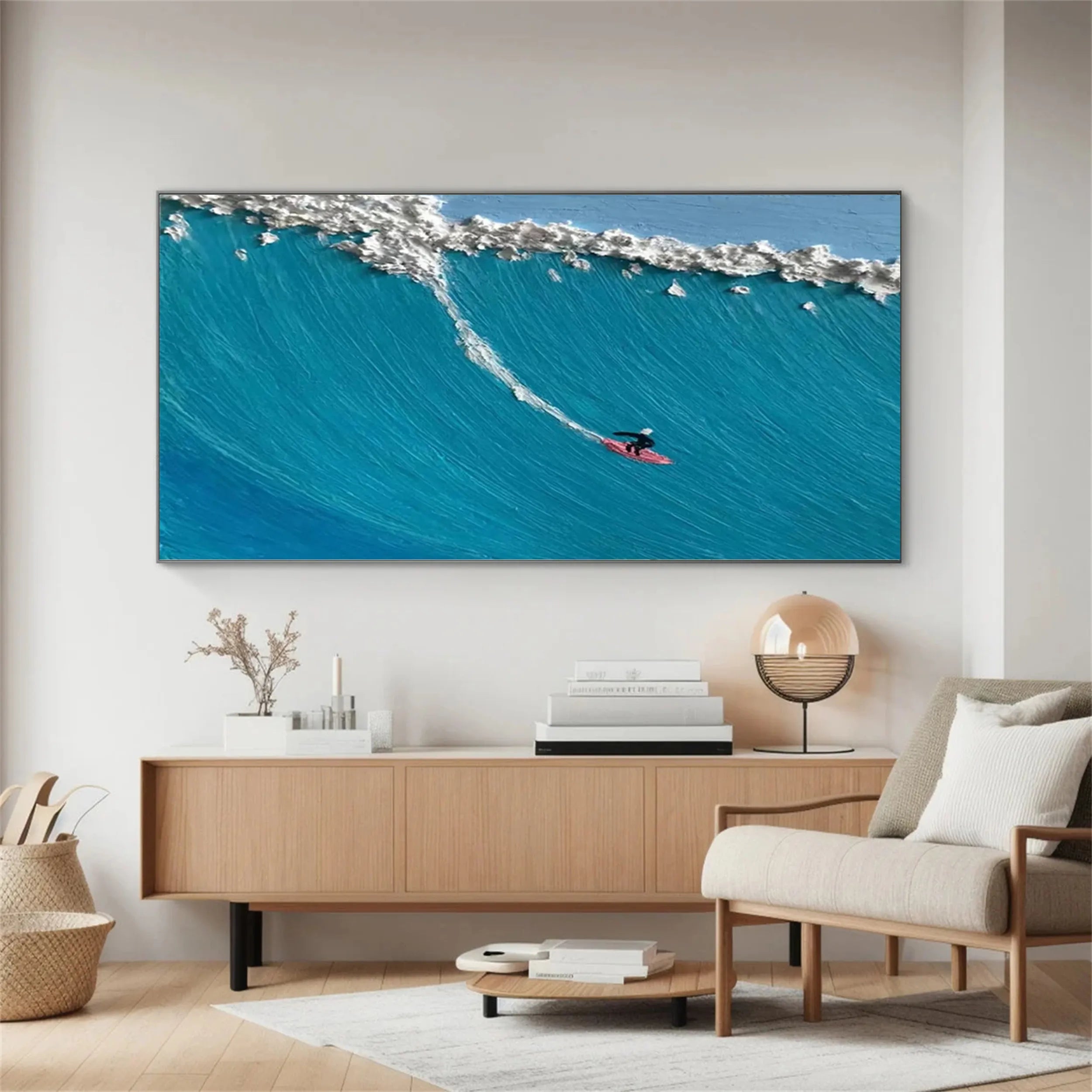 Wide Format Blue White Textured Surfing Abstract Oil Painting - Modern Sport Decor