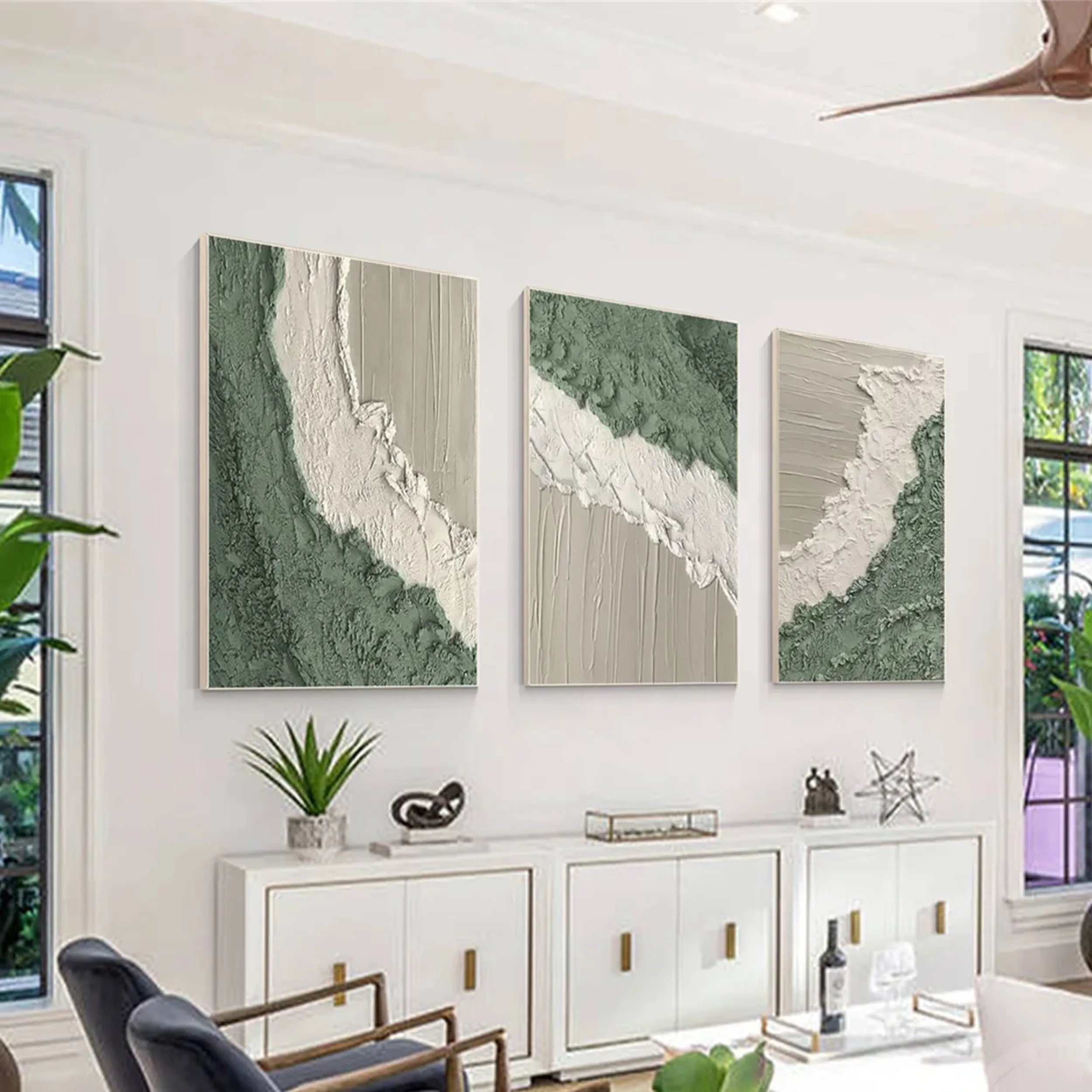 3 Piece Green and White Modern Wall Art for Living Room #JJ 212