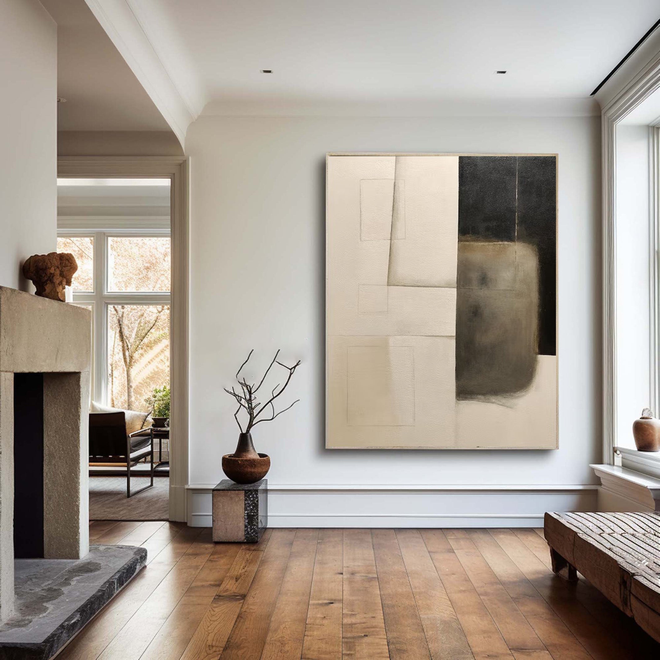 Minimalist Abstract Oil Painting - Beige Black Geometric Canvas Art #JJ 001