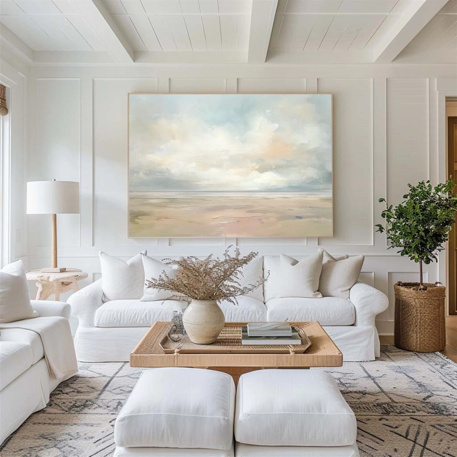 Large Vertical Seascape Canvas – Peaceful Ocean Horizon in Warm Tones #JJ 178