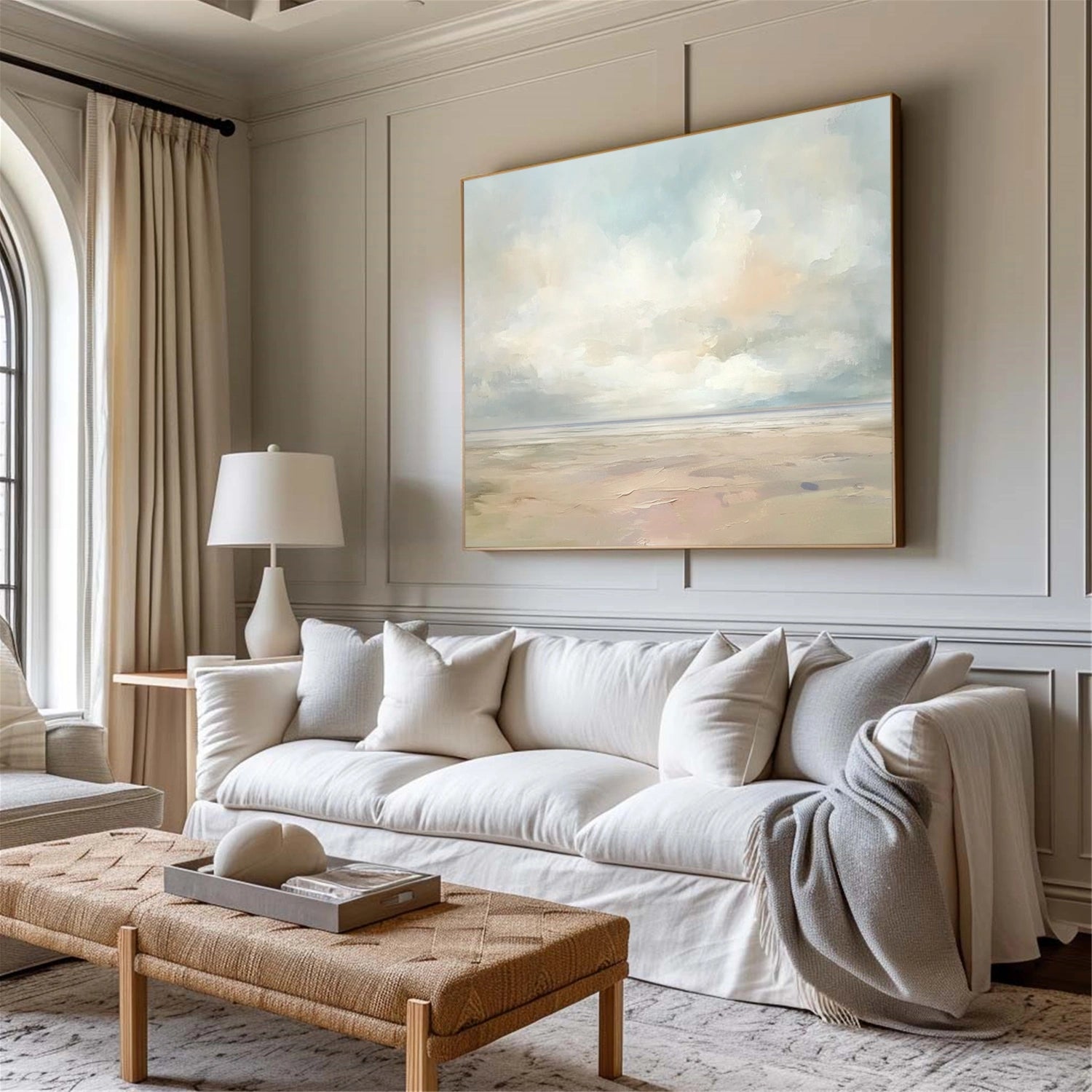 Large Vertical Seascape Canvas – Peaceful Ocean Horizon in Warm Tones #JJ 178