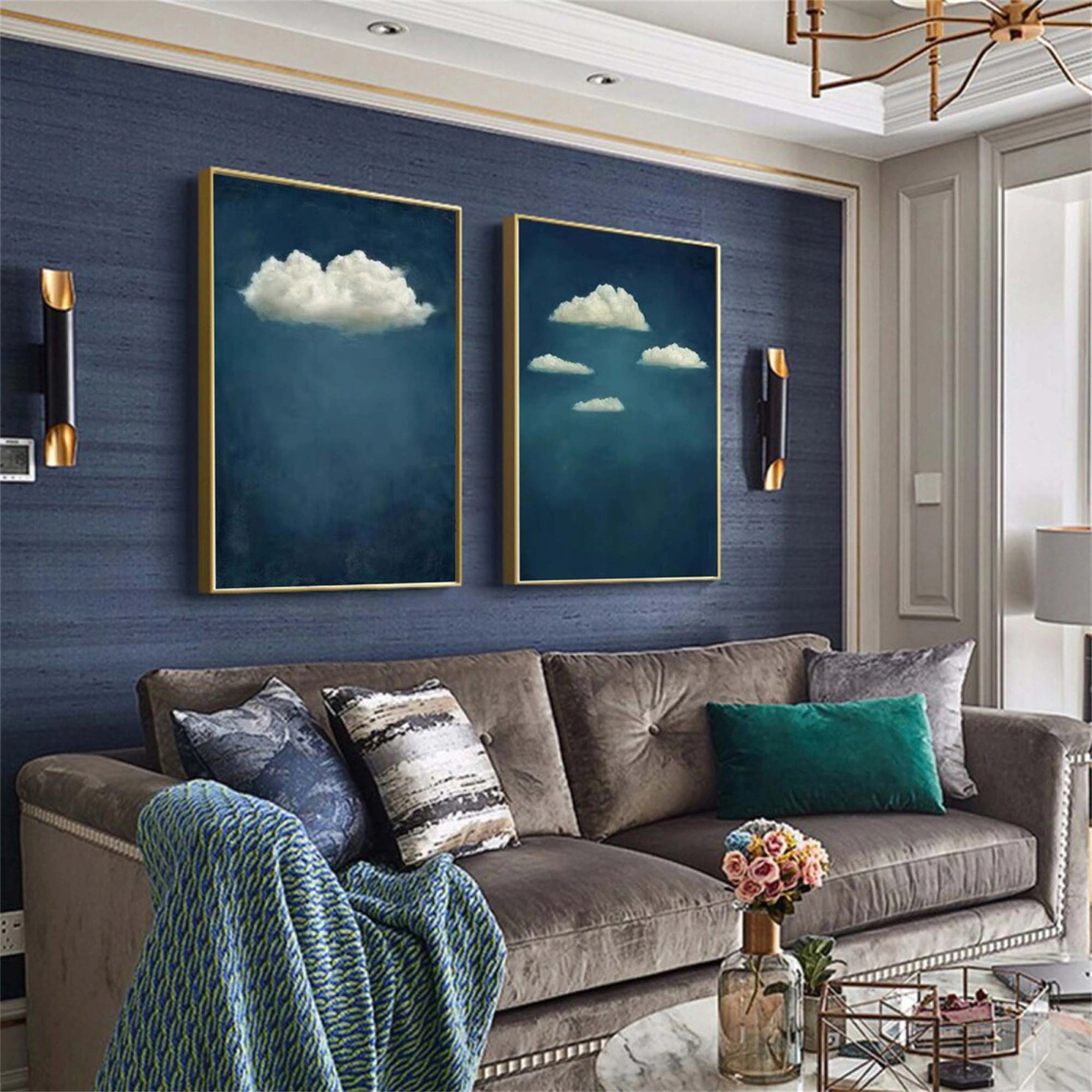 Large Cloud Wall Art Set | 2 Piece Blue Sky Canvas Paintings #ZZ 088