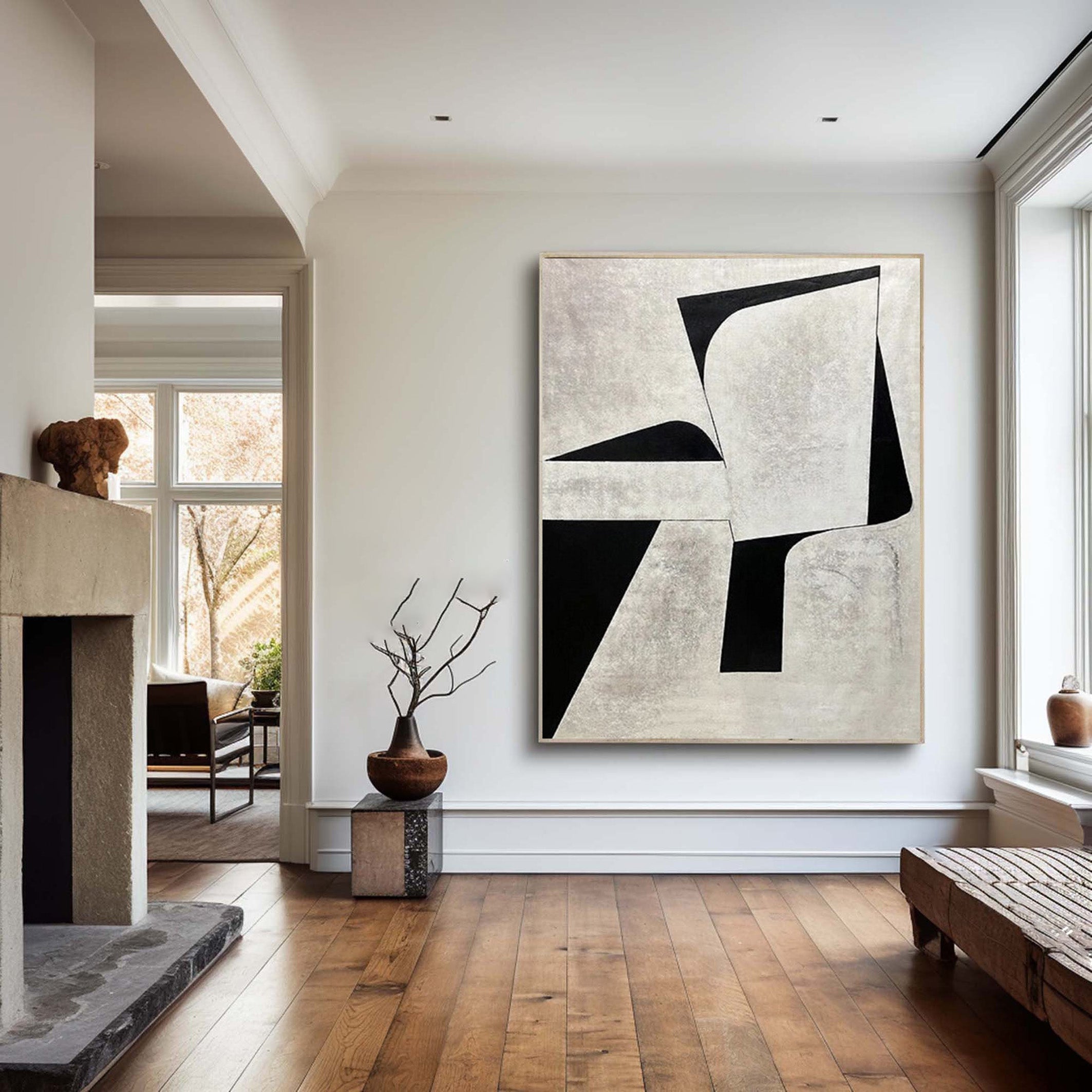 Minimalist Geometric Abstract Art - Black and White Block Oil Painting #JJ 060