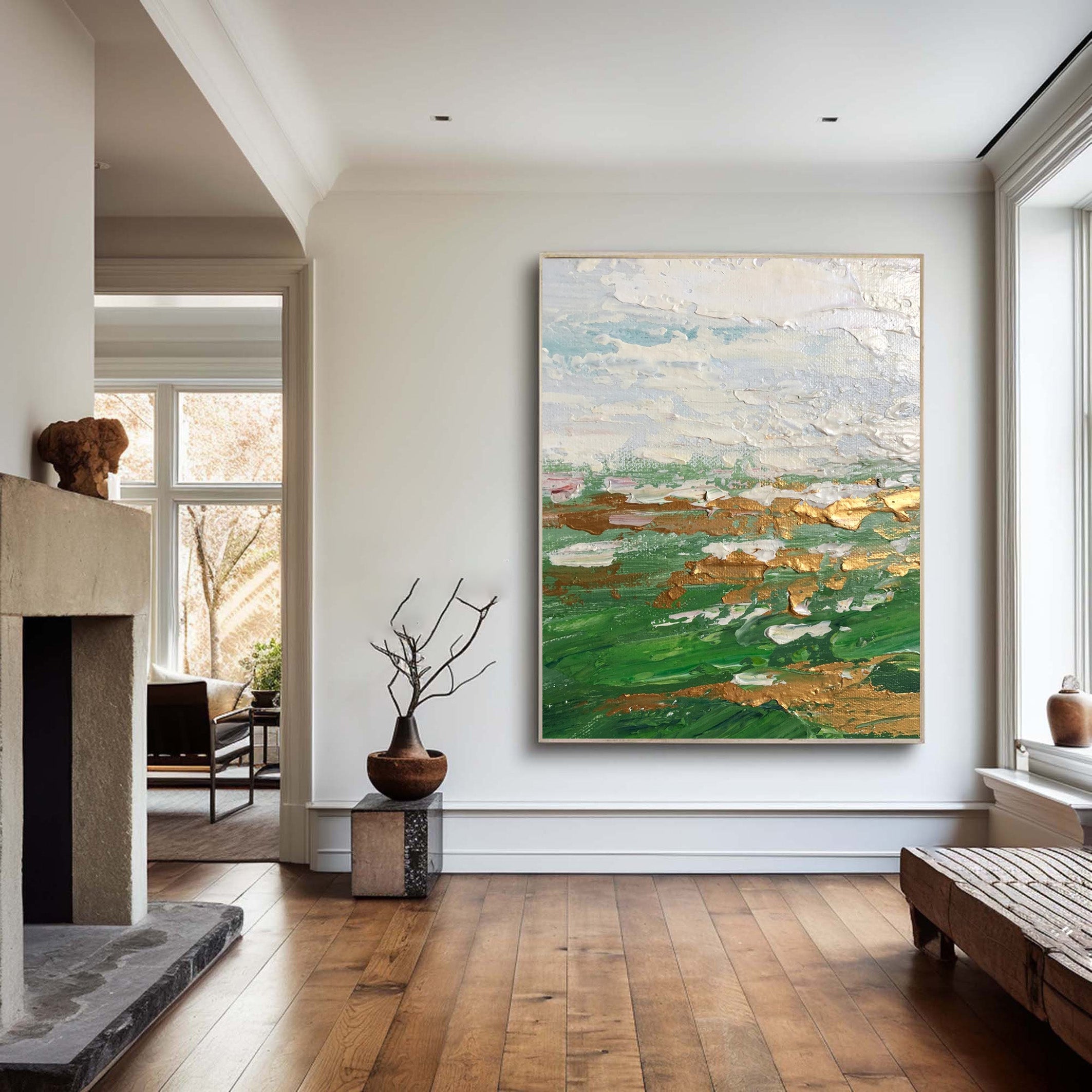 Green Gold and White Abstract Painting | Large Textured Landscape Art #JJ 069