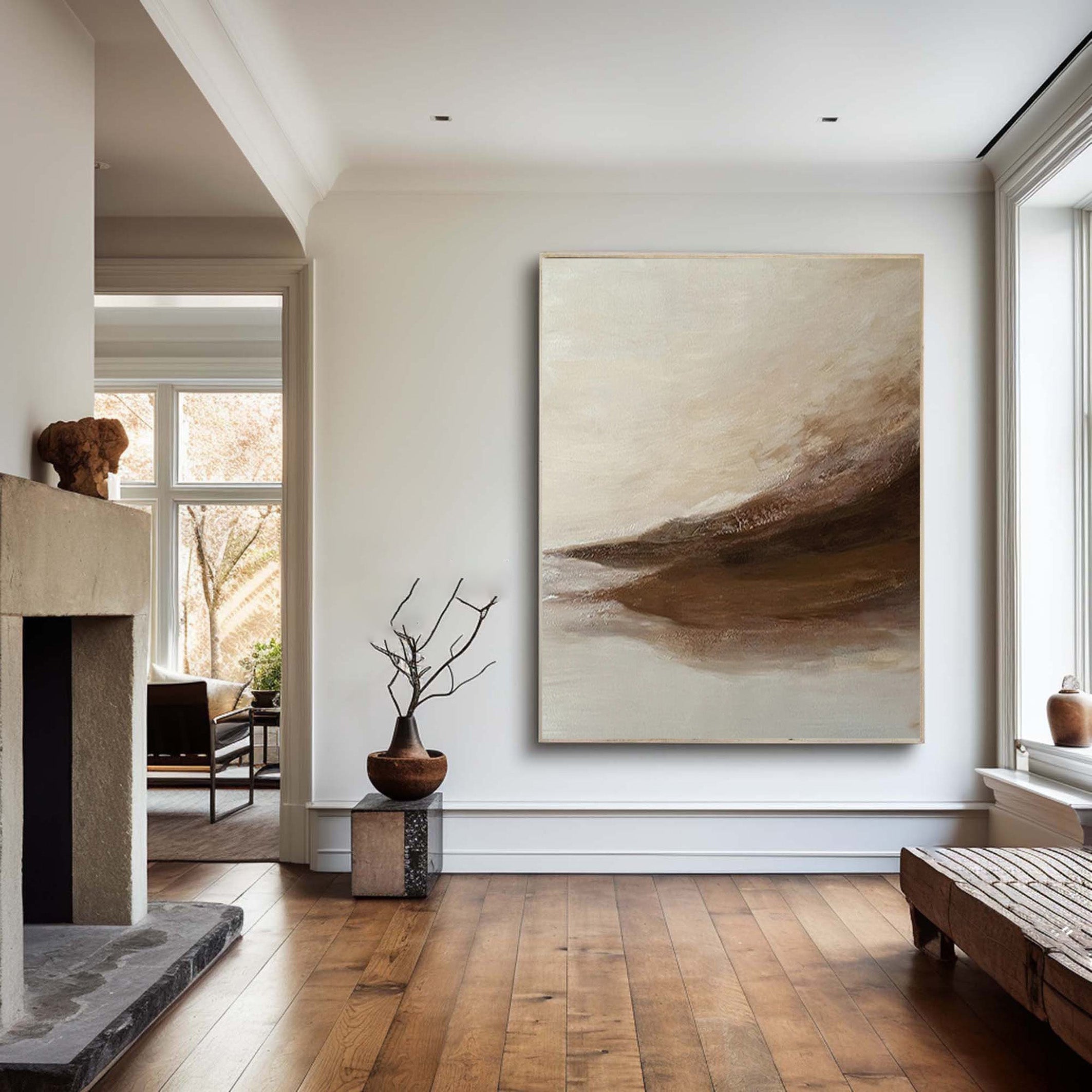 Abstract Landscape Painting | Neutral Beige & Brown Canvas Art #JJ 067