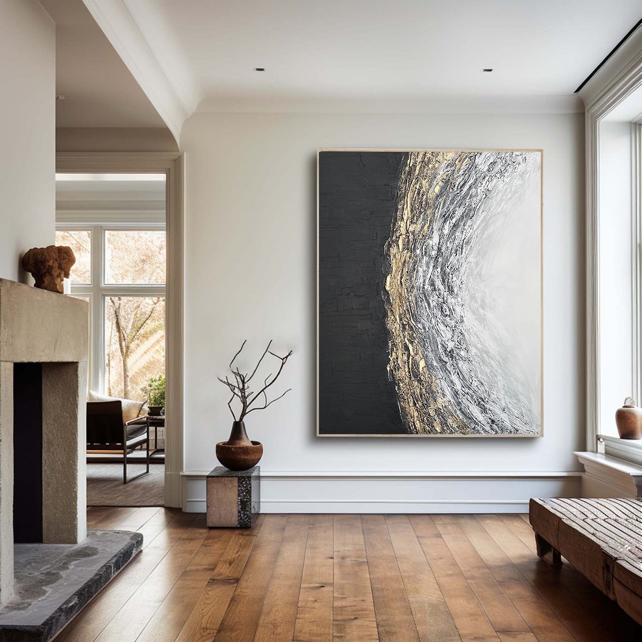 Black White Gold Textured Abstract Oil Painting - Modern Art #JJ 063