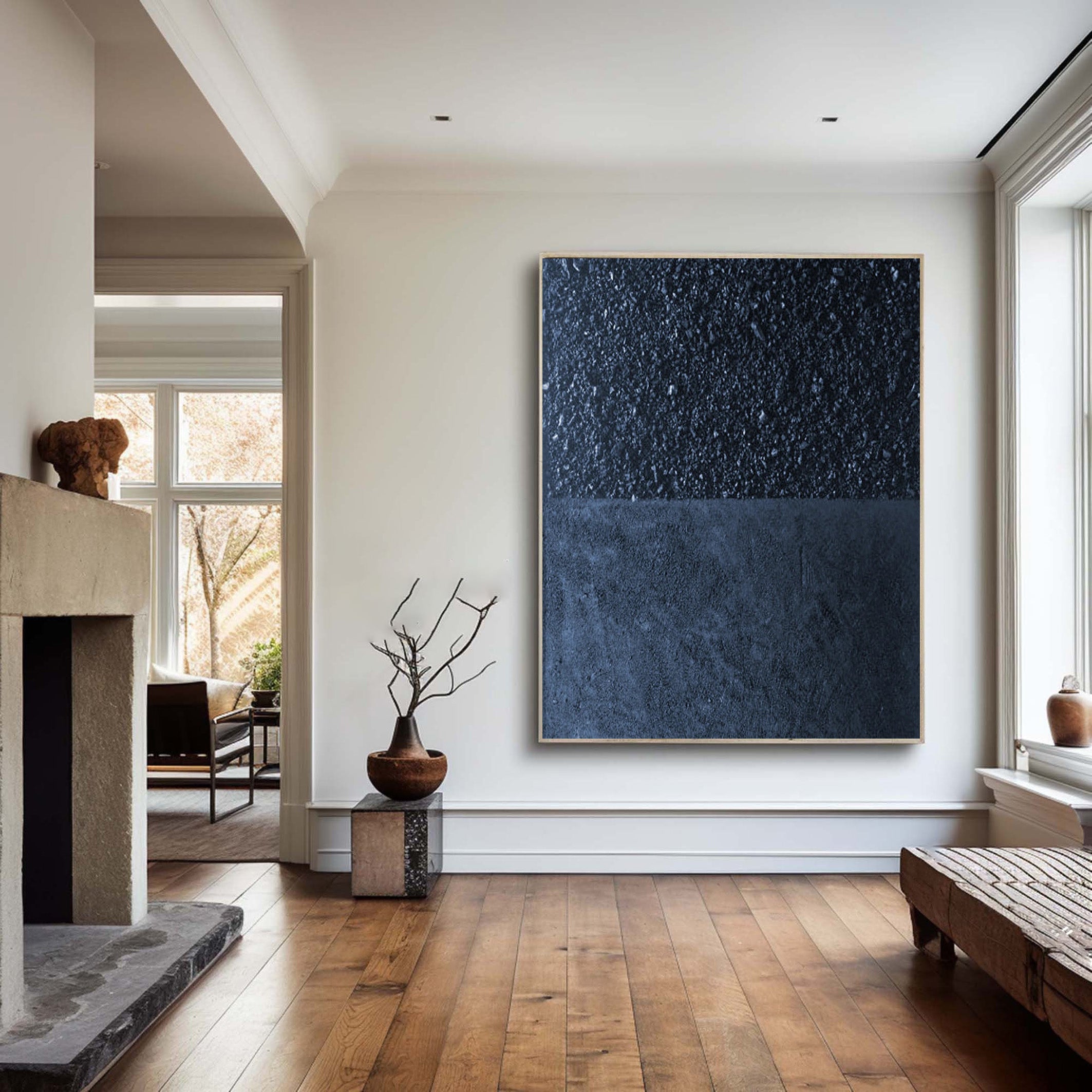 Deep Blue Textured Abstract Oil Painting - Modern Minimalist Art #JJ 062