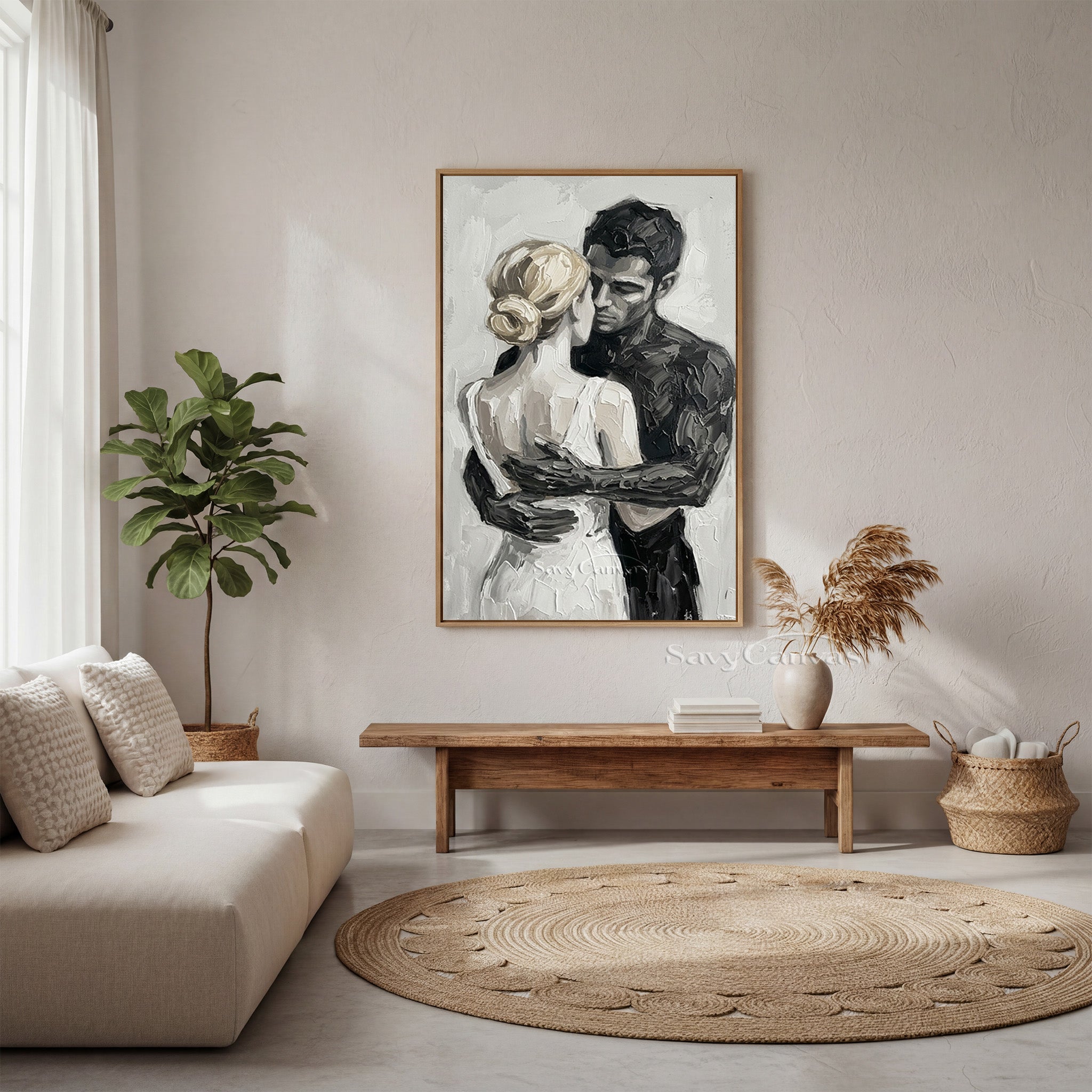 Romantic Couple Hugging Oil Painting | Modern Black & White Art #SS 152