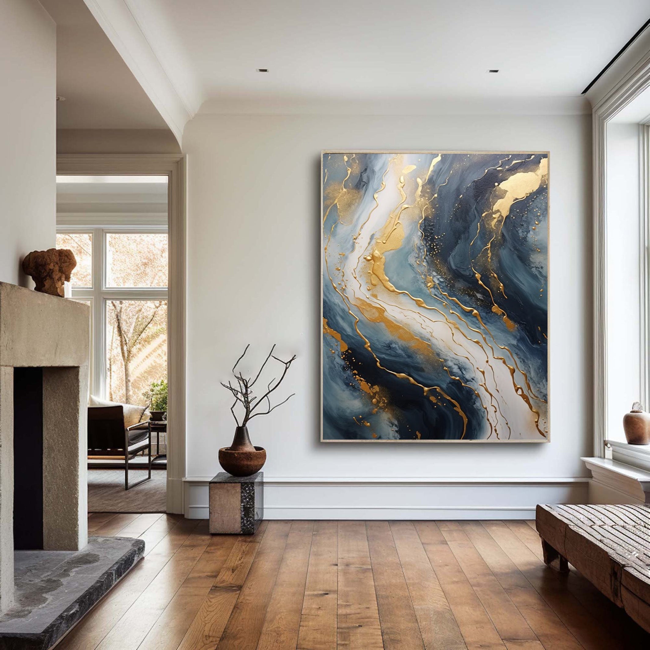 Abstract Gold and Blue Wall Art - Modern Canvas Painting #JJ 058