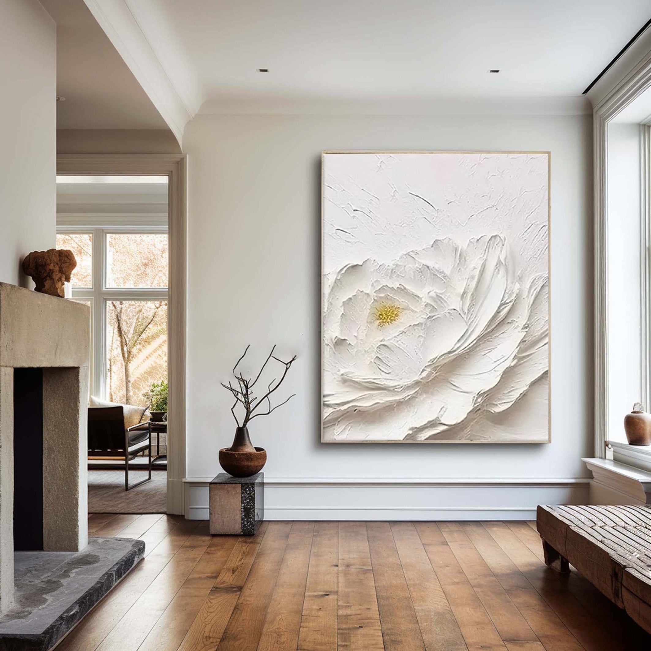 White Textured Floral Abstract Oil Painting - Modern Minimalist Art #JJ 061