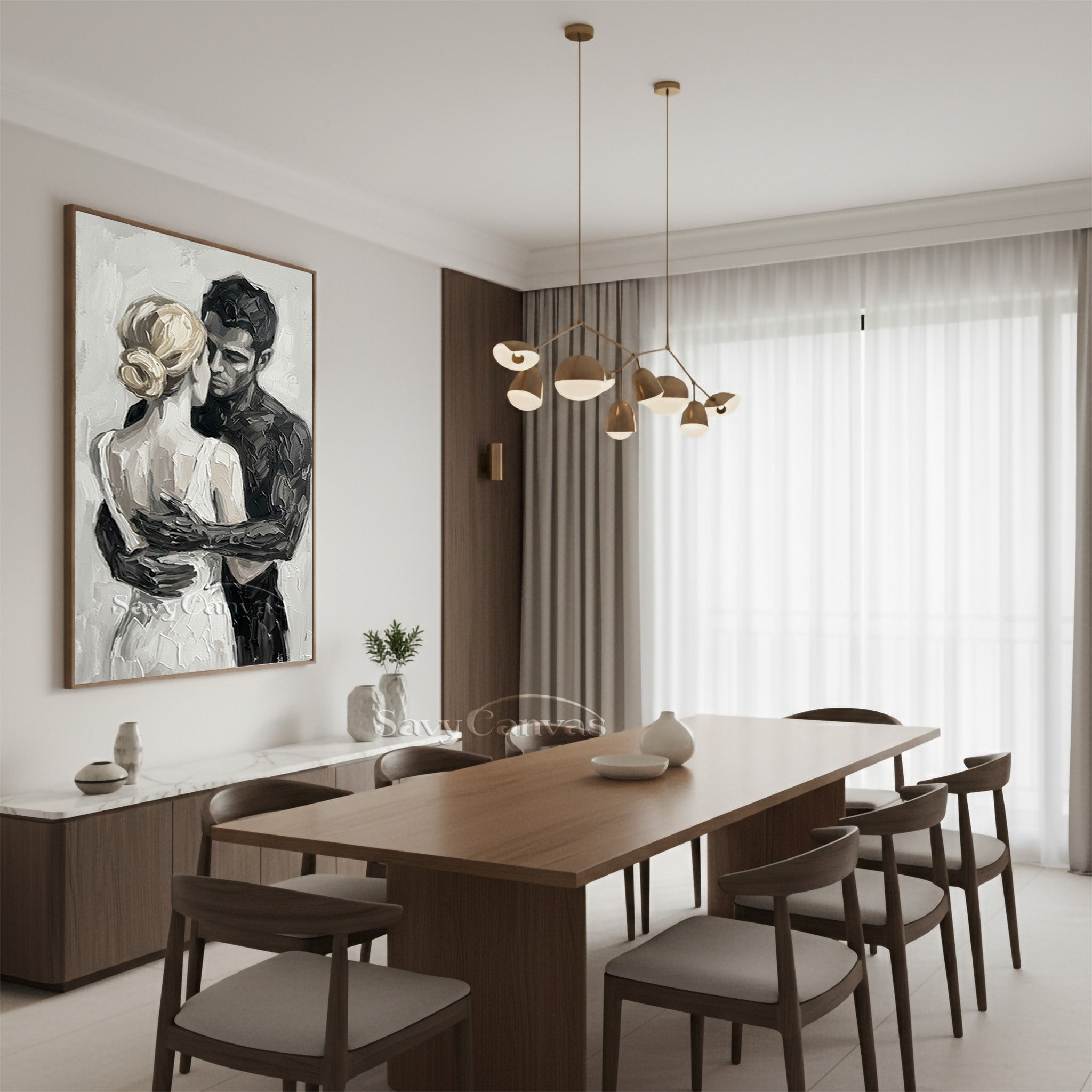Romantic Couple Hugging Oil Painting | Modern Black & White Art #SS 152
