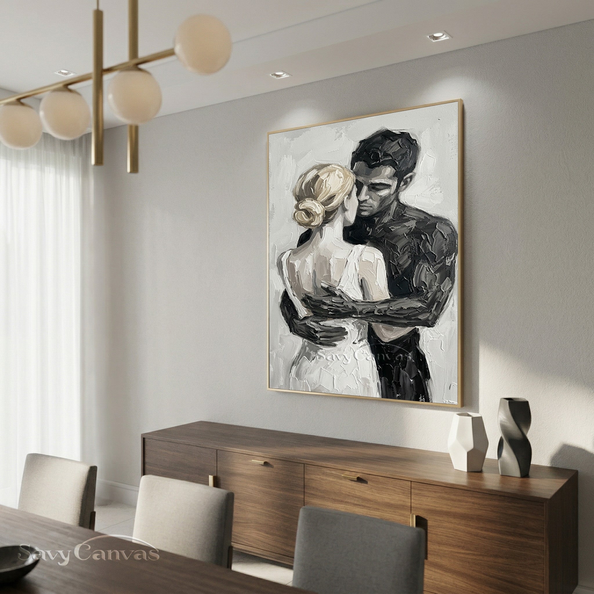 Romantic Couple Hugging Oil Painting | Modern Black & White Art #SS 152