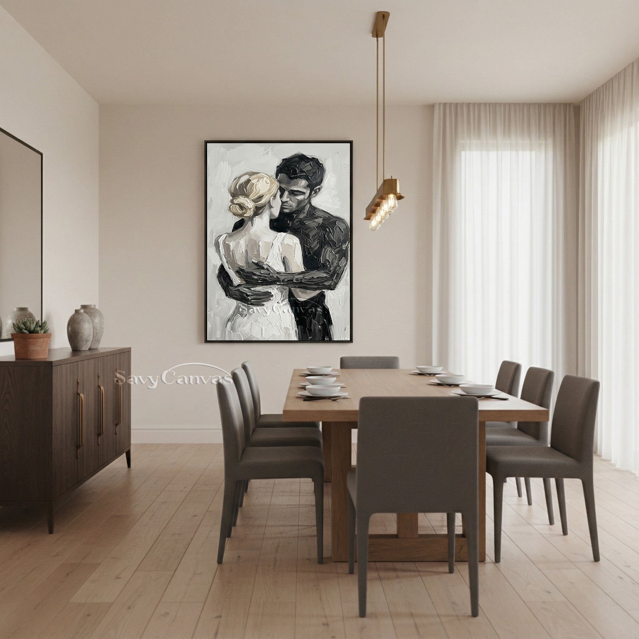 Romantic Couple Hugging Oil Painting | Modern Black & White Art #SS 152