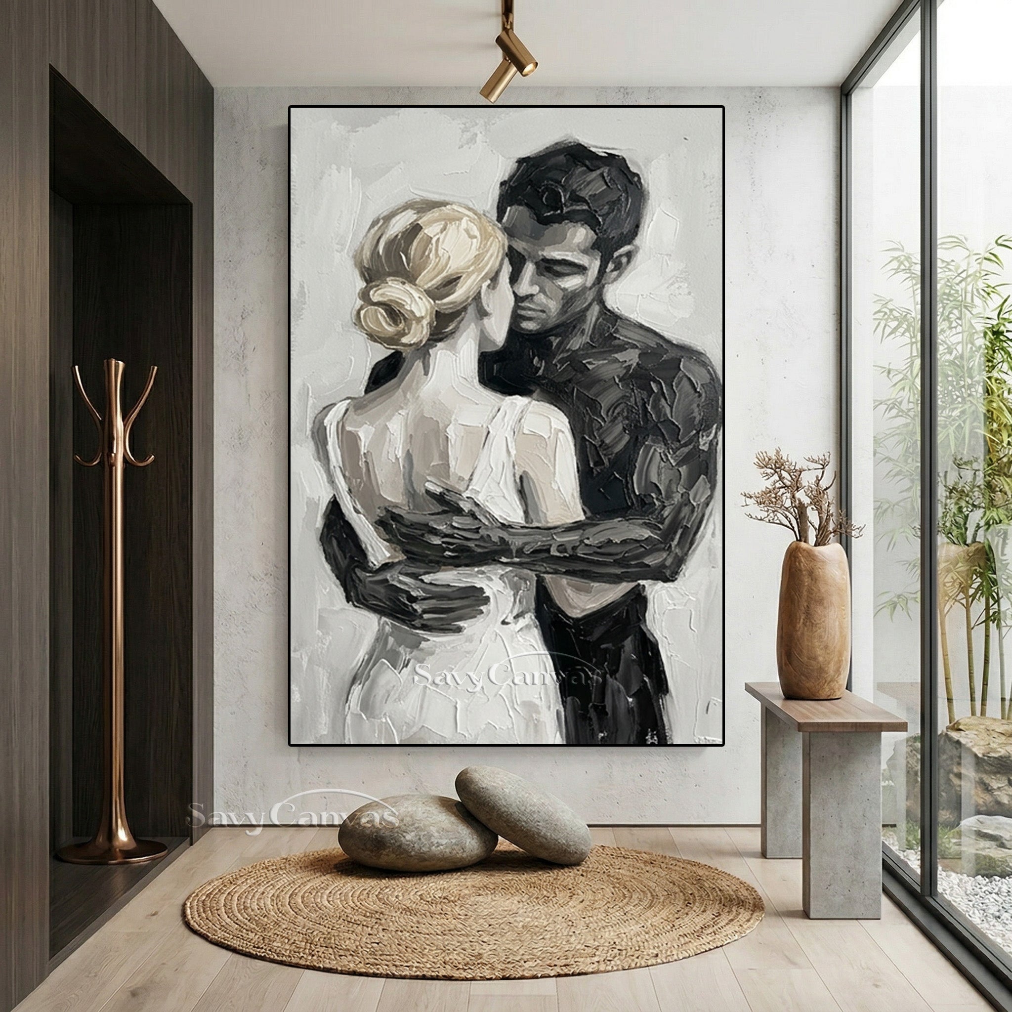 Romantic Couple Hugging Oil Painting | Modern Black & White Art #SS 152