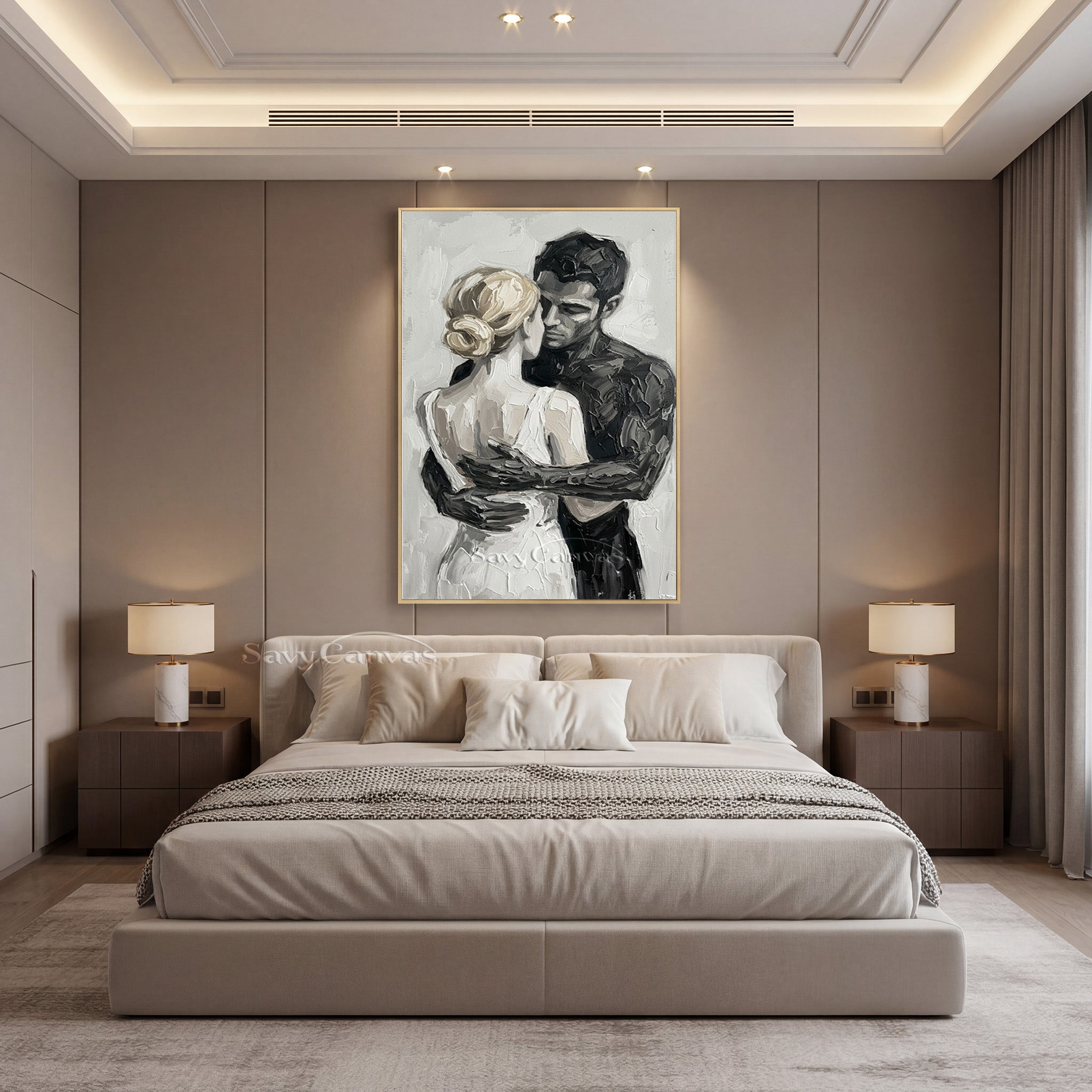 Romantic Couple Hugging Oil Painting | Modern Black & White Art #SS 152