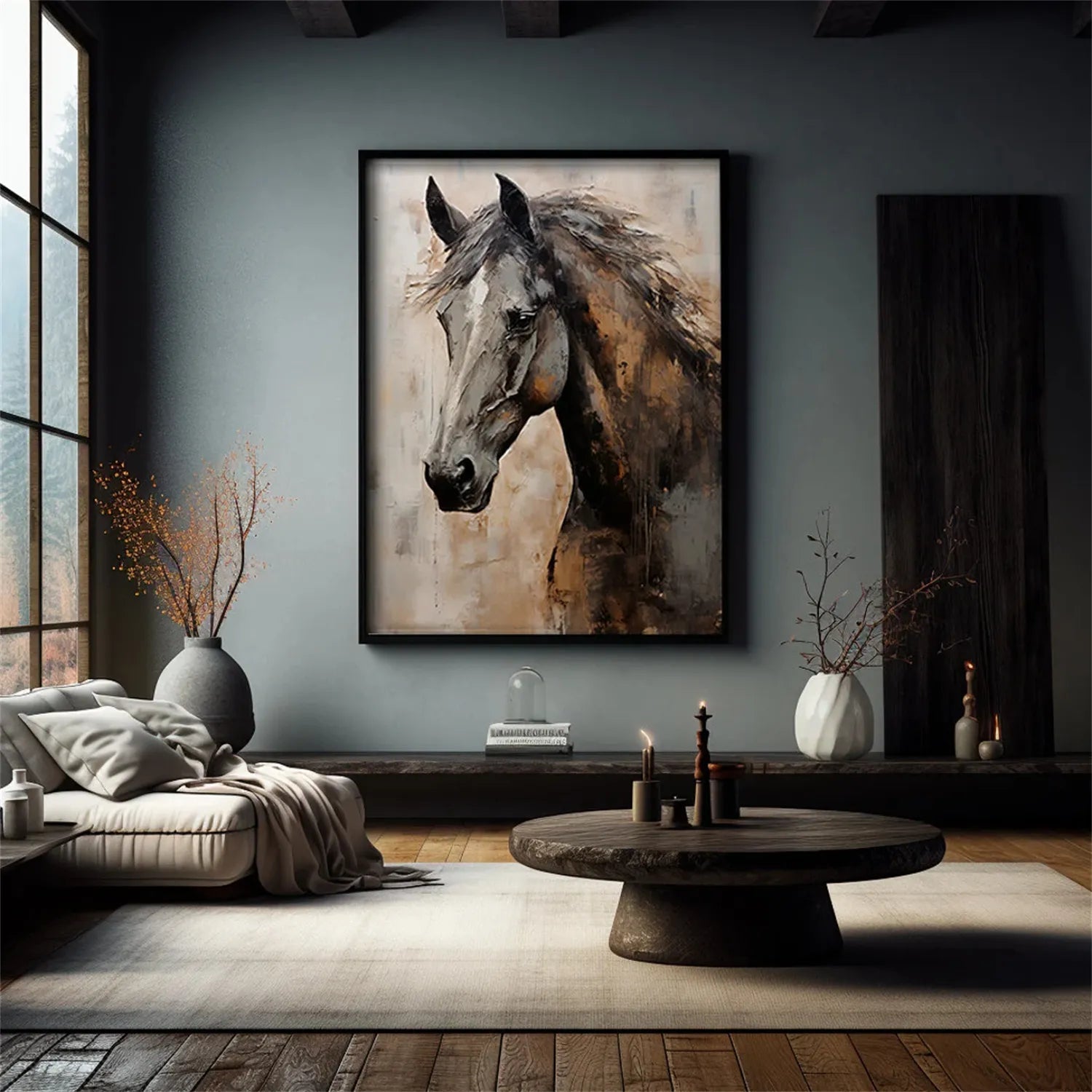 Textured Black Horse Art: Modern Equestrian Oil Painting on Canvas #ZZ 021