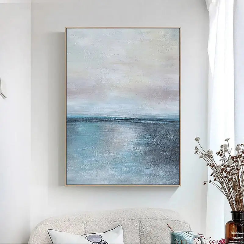 Soft Blue and Beige Ocean Sky Abstract Oil Painting - Modern Serene Art #JJ 123
