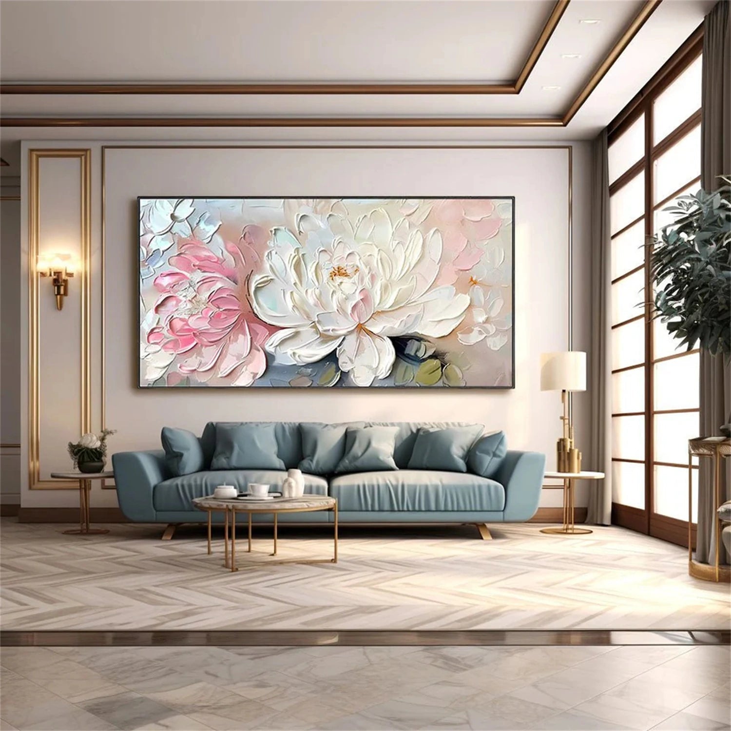 Textured Floral Painting – White & Pink Flower Wall Art #JJ 294